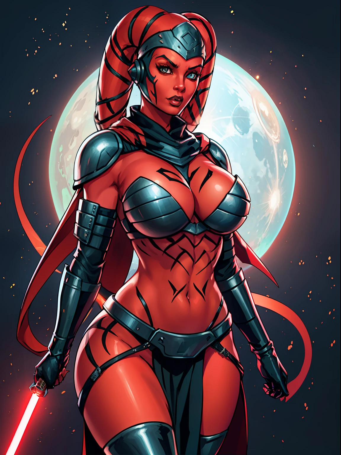 ((red skin), twi'lek), dual red lightsabers, evil space knight, space ninja, (black robes, black stealth armor, breastplate, tunic, tabard, cowl, cloak, body glove, straps, buckles, skirts, long sleeves, fantasy, ((armor))), ((busty), slender body, thin, slim sexy body, slim waist, (gigantic breasts)), Imperial starship, Star Wars,