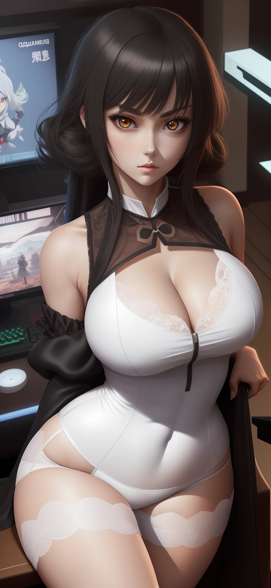 anime big breast，quadratic element，gaming character，Adult daughter，Royal Sister，Bare thighs，White underwear，open-crotch pants，sharp looking eyes，lace-edged black silk