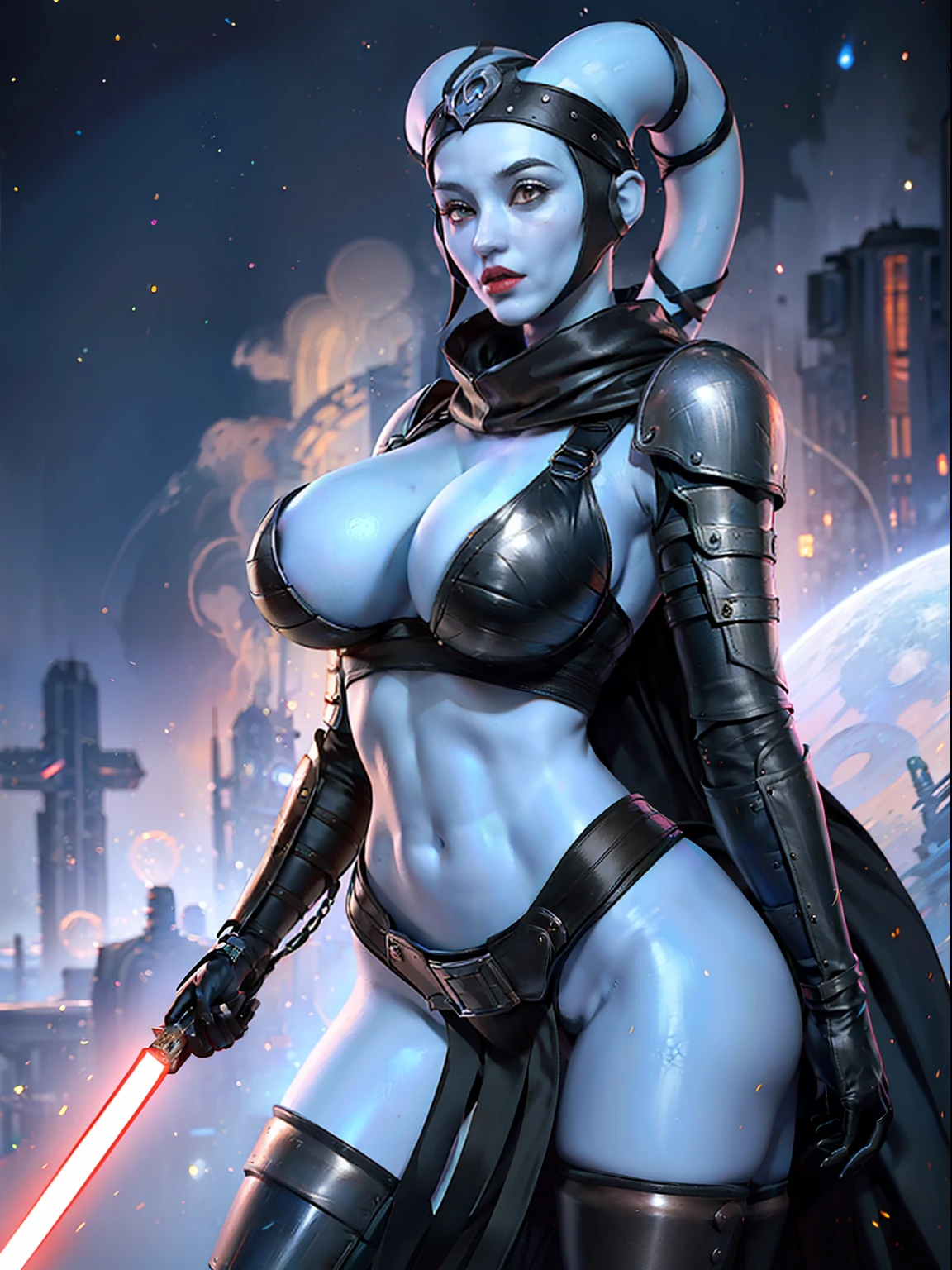 (((blue skin)), twi'lek), dual red lightsabers, evil space knight, space ninja, (wearing heavy black robes, black stealth armor, breastplate, tunic, tabard, cowl, cloak, body glove, straps, buckles, skirts, long sleeves, fantasy, ((armor))), ((busty), slender body, thin, slim sexy body, slim waist, huge breasts), Imperial starship, Star Wars,