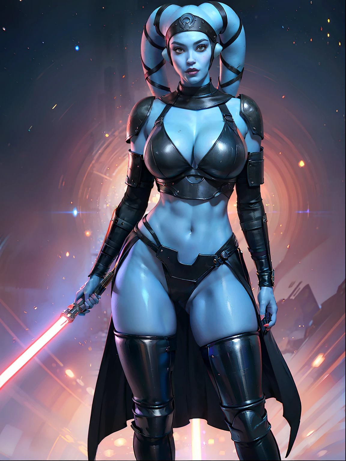 (((blue skin)), twi'lek), dual red lightsabers, evil space knight, space ninja, (wearing heavy black robes, black stealth armor, breastplate, tunic, tabard, cowl, cloak, body glove, straps, buckles, skirts, long sleeves, fantasy, ((armor))), ((busty), slender body, thin, slim sexy body, slim waist, huge breasts), Imperial starship, Star Wars,