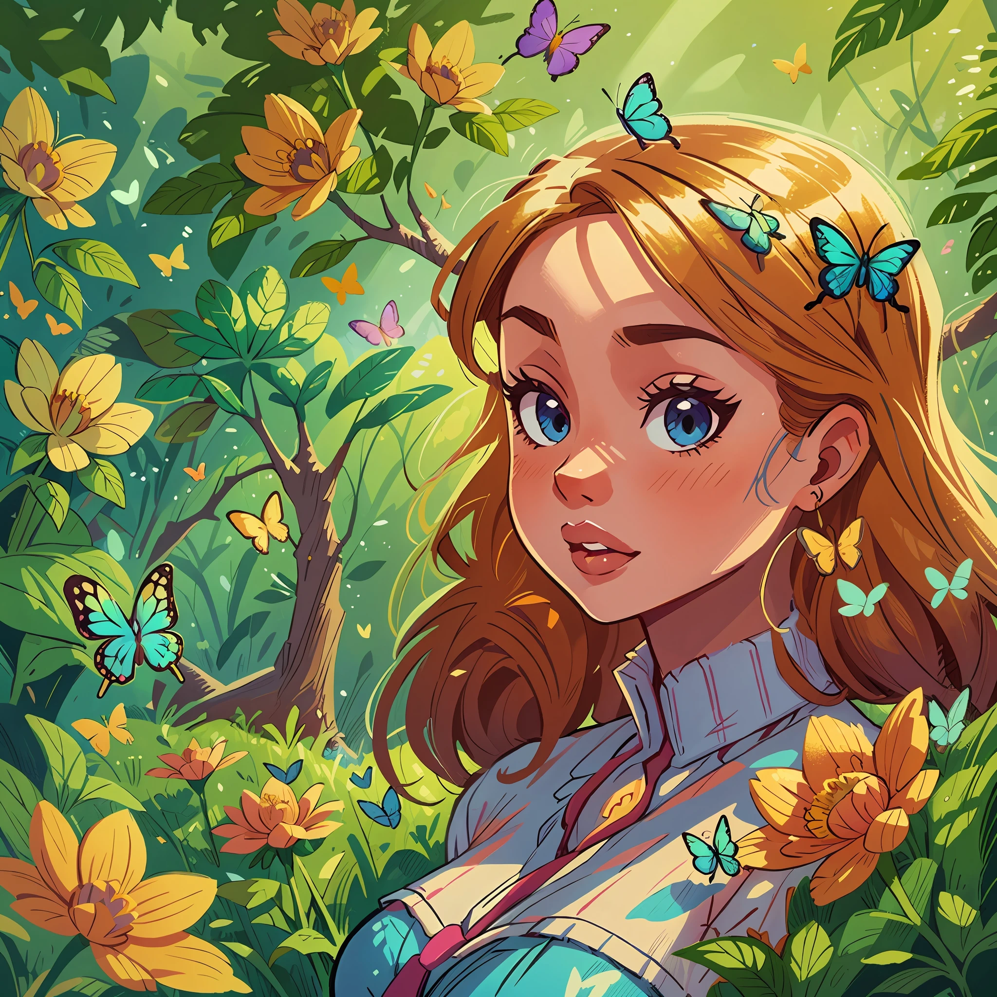 Dica: A very charming teenage barbie enjoying a beautiful summer surrounded by beautiful flowers surrounded by butterflies and nature. The illustration is a high definition illustration in 4K resolution with highly detailed facial features and cartoon style visuals.