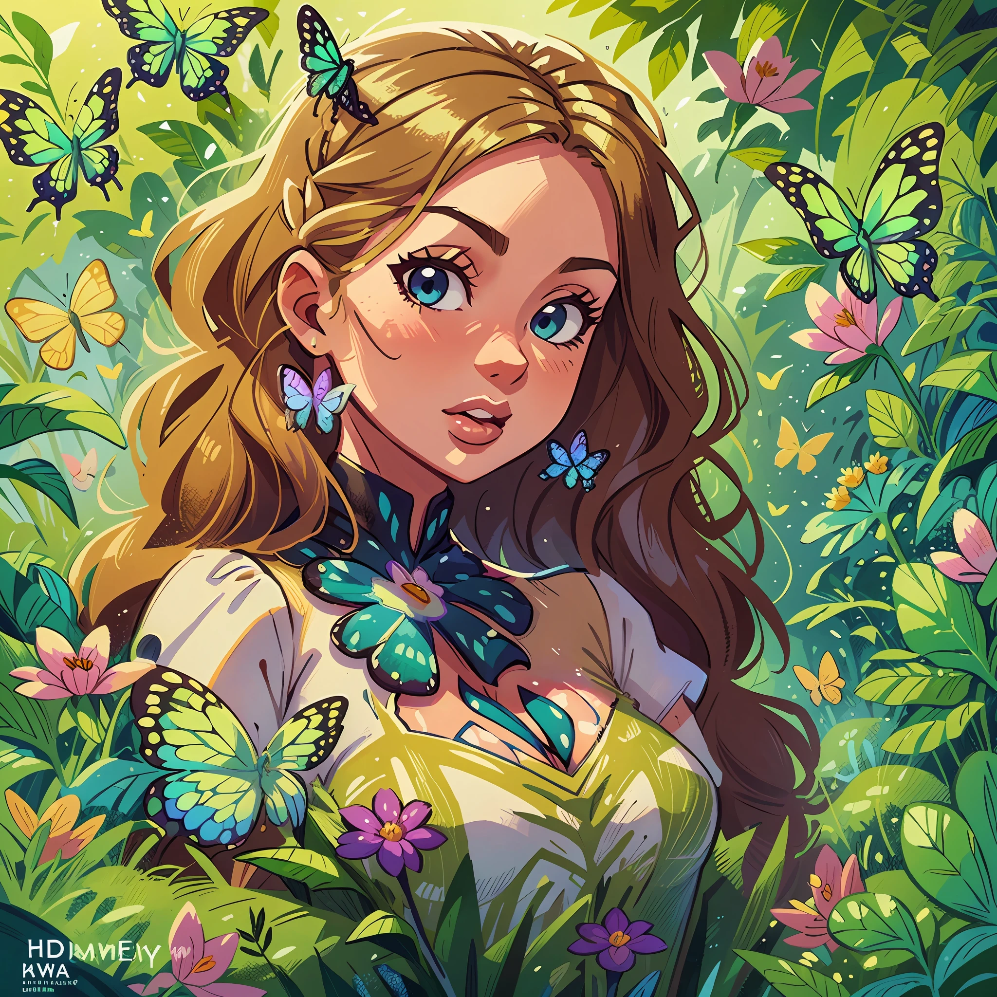 Dica: A very charming teenage barbie enjoying a beautiful summer surrounded by beautiful flowers surrounded by butterflies and nature. The illustration is a high definition illustration in 4K resolution with highly detailed facial features and cartoon style visuals.