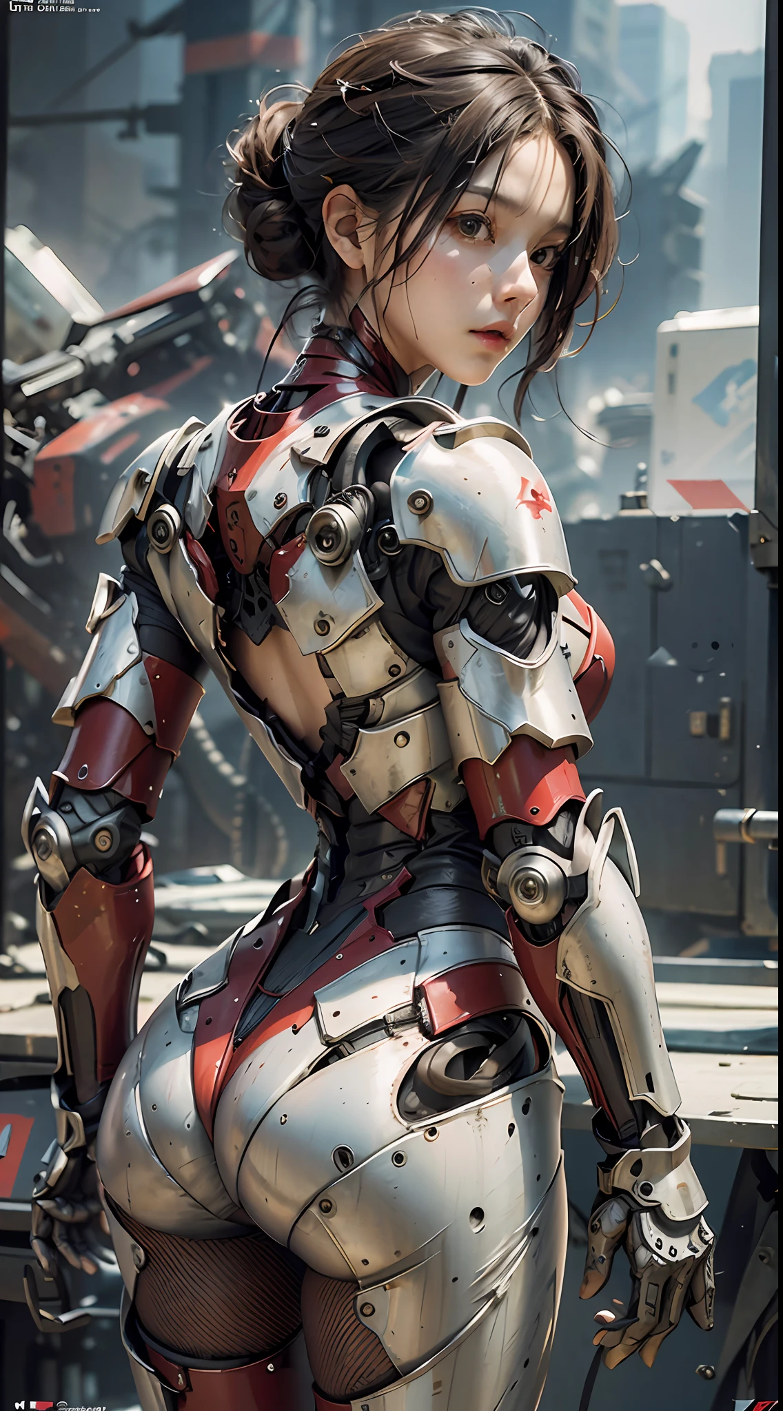 (Masterpiece), (Best quality), Photorealism, Realistic, Ultra detailed, Perfect face, Perfect body, 1girll, Beautiful girl, Girl in red armor, Mechanical armor, exoskeleton, Stand, Cool pose, Sexy, Watching from behind