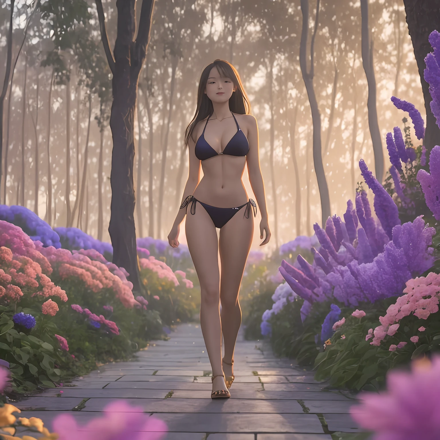 Slender full body bewitching portrait of standing pool side wearing bikini swimwear. A capt subtitle captures the essence of this enchanting, magical image: a beautiful, enchanting woman with a captivating and bewitching, glowing face and a flawless, perfectly-shaped body. She stands gracefully on a rooftop, surrounded by a sea of otherworldly flowers, and the sun casts warm, golden light on the scene. In the background, a mesmerizing forest unfolds, bathed in the warm, golden light of a magical tree branch. telephoto lens, golden hour lighting, low aperture