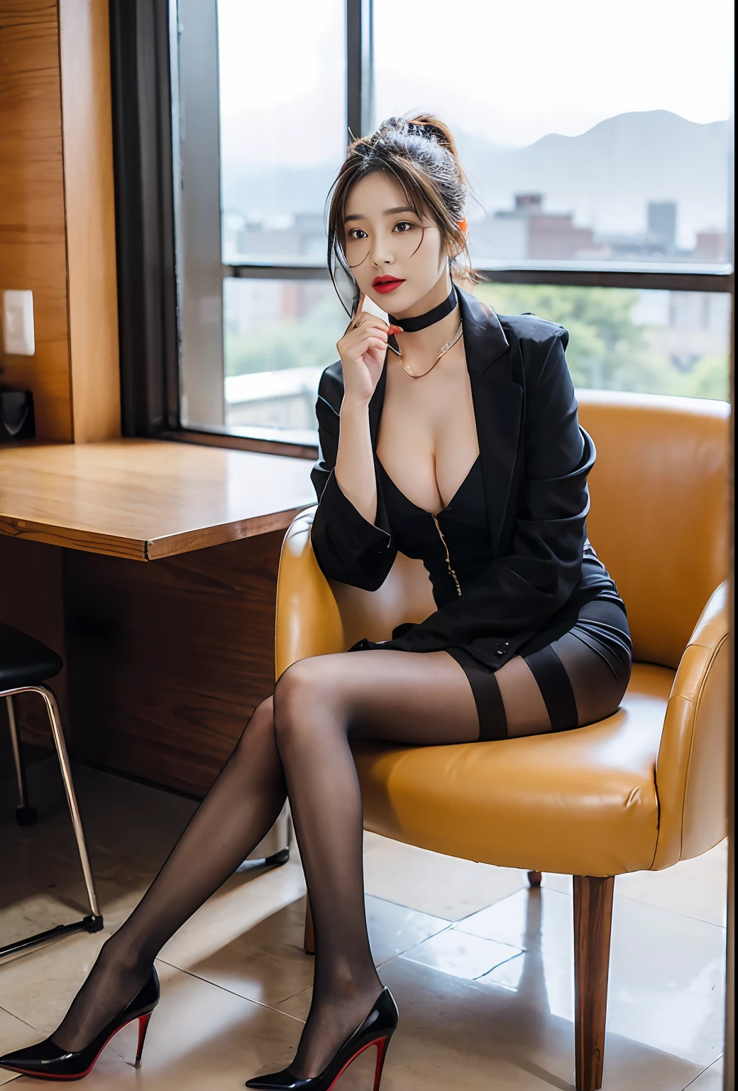 Exquisite, masterpiece, beautiful details, colorful, delicate details, delicate lips, intricate details, large breasts, glasses with cool, 1 woman, (a beautiful 20-year-old cute Korean woman: 1.1), (kpop idol, Korean mixed), (50mm Sigma f/1.4 ZEISS lens, F1.4, 1/800s, ISO 100, photograpy:1.1), (ponytail + brunette 1.2), ( Photorealistic: 1.4), (SPY: 1.2), (Open Jacket, One Shoulder Cut Out Ruched Bodycon Dress, chocker, Black Pantyhose, Christian Louboutin\(Brand\),:1.3), long Earrings, Necklaces, Armbands, (coffee bar:1.2), (Beautiful Legs, High Girl, Skinny, slim_legs, thigh_gap, Model: 1.2 ), lens, flare from the front, (seductive expression), dynamic pose, (makeup: 1.2), (sitting in a wide office boss chair))