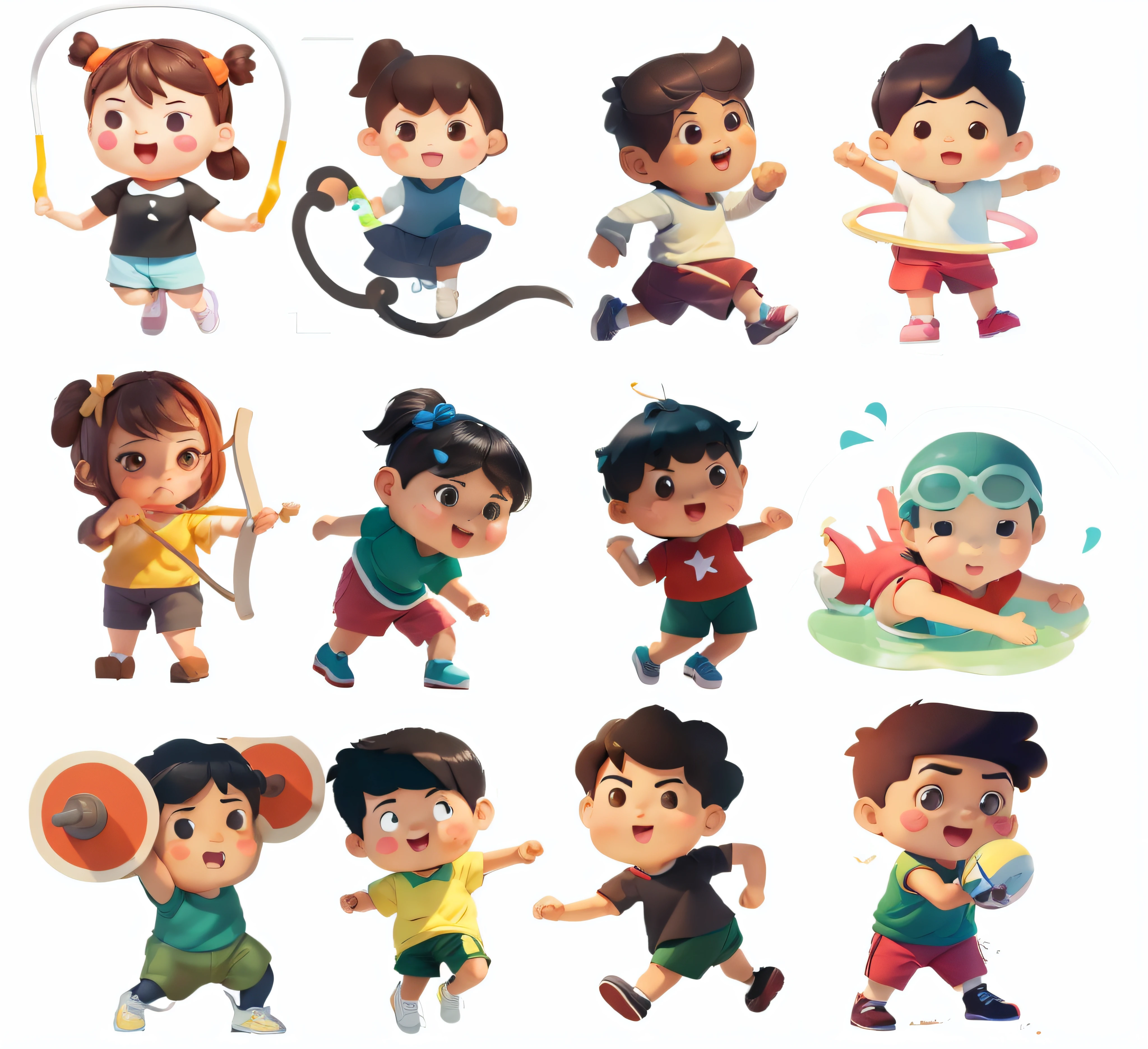 Cartoon kids play different sports and play frisbee, Cartoon style illustration, high quality character design, children illustration, Game character design, childrens art in artstation, character illustration of a, Cute cartoon character, an animated character, a variety of poses, Animated character design, Detailed characters, Highly detailed characters, Game character art, Cartoon illustration, 3D characters, Highly detailed character design