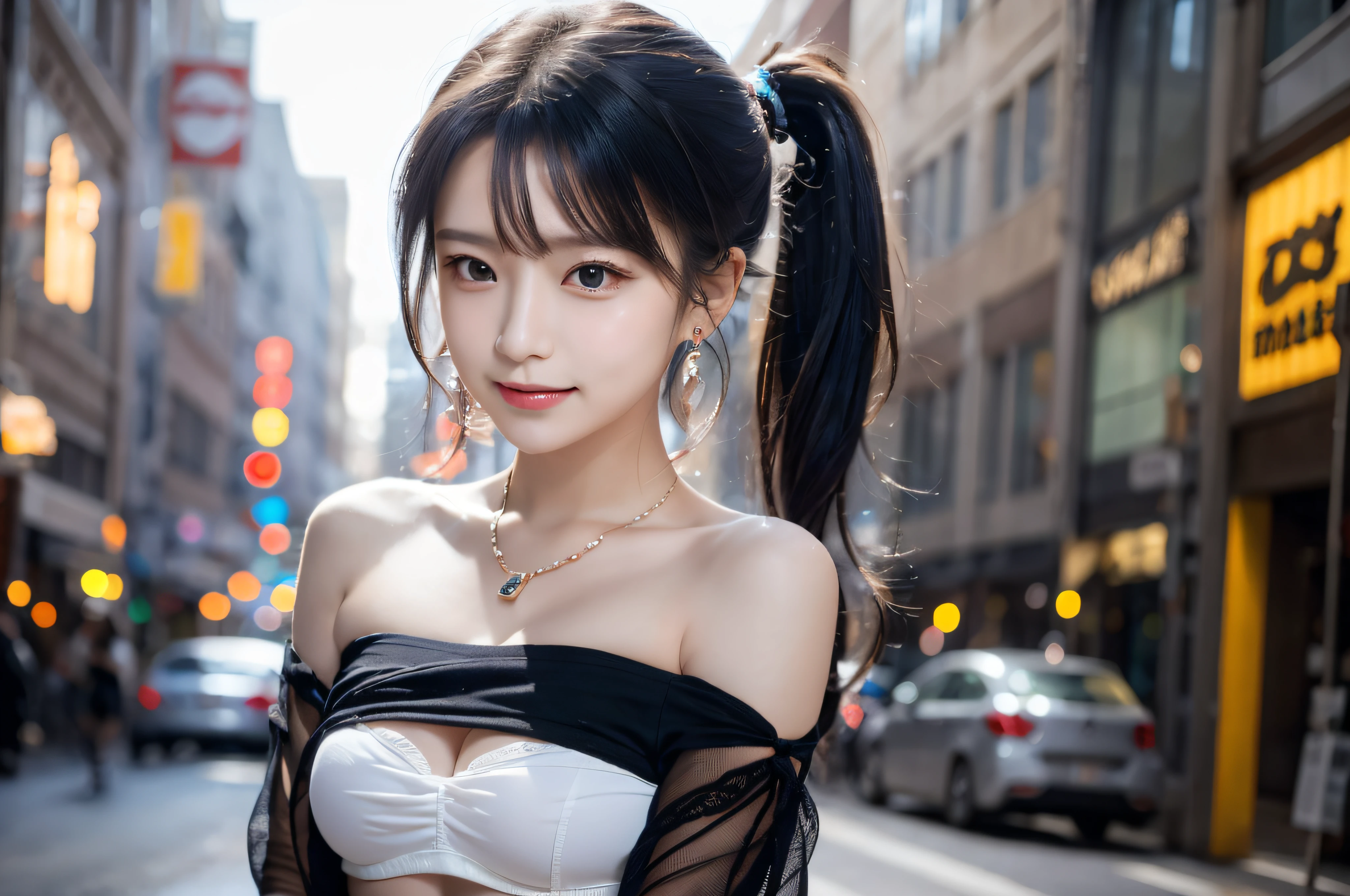 （8K，tmasterpiece），（innocent and classy girl：1.1），Wear a bandeau， Black color hair，High ponytail hairstyle， Very detailed face and skin texture， A detailed eye， 二重まぶた， Pale cheeks， Glossy glossy skin， Moist eyes：1.2， Shiny earrings and necklace， Glossy lips：1.4， White skin of the：1.2，Natural medium breasts， （sweetsmile：1.2）， （looking at viewert）， （tiny mouth：1.2），Wear a miniskirt，On the bustling downtown streets，Buildings，Ultimate detail