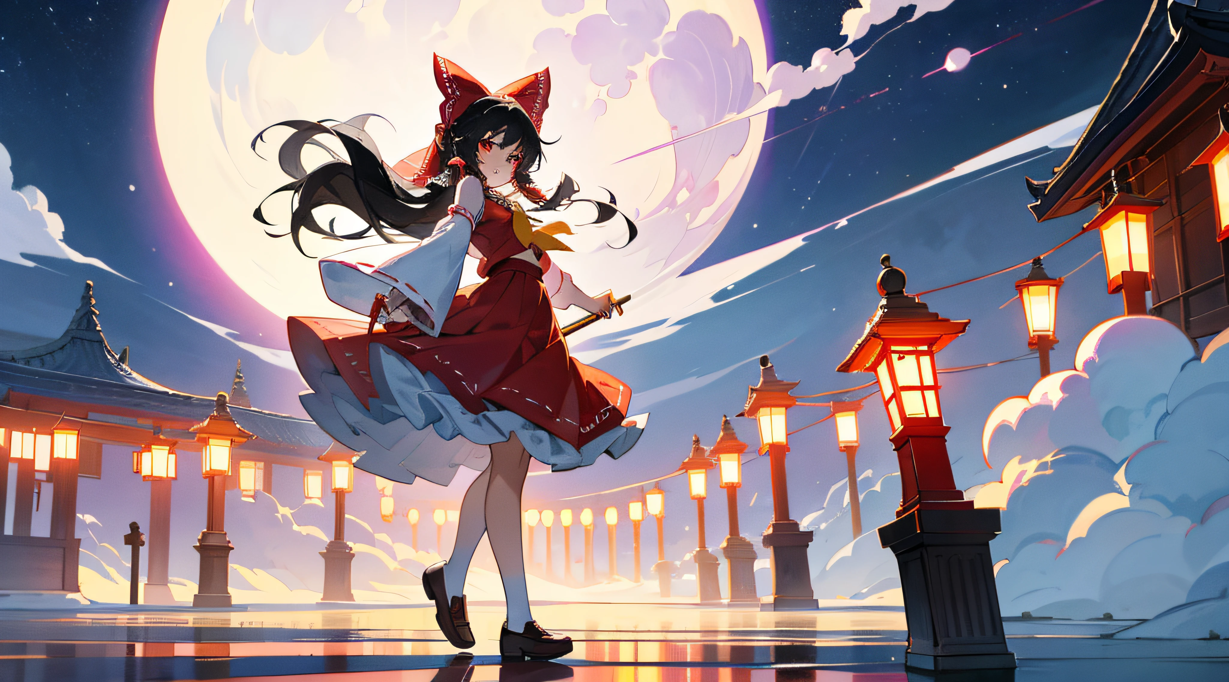 loafers,{{hakurei_reimu}},1girl,masterpiece,illustration,solo,full body,bishoujo,black hair,moon,shrine --auto