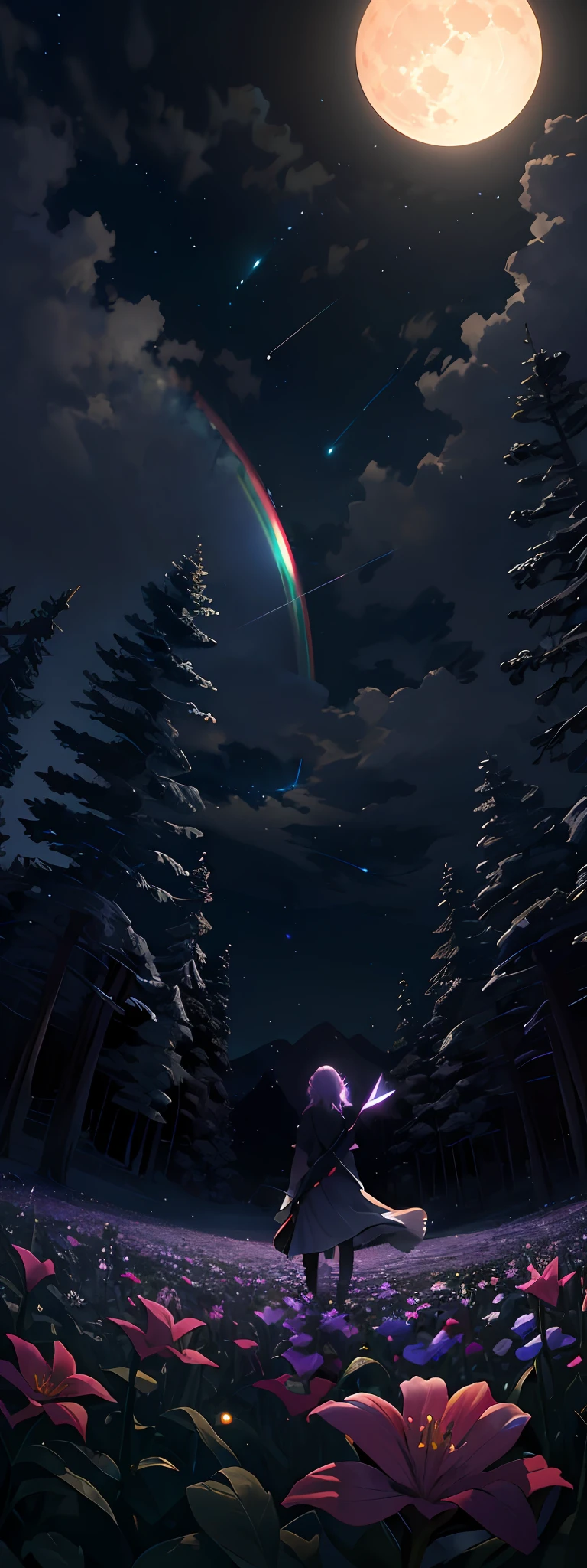 A wide landscape photo, (viewed from below, the sky is above, and the open field is below), a girl standing on a flower field looking up, (full moon: 1.2), (meteor: 0.9), (nebula: 1.3), distant mountains , Trees BREAK Crafting Art, (Warm Light: 1.2), (Firefly: 1.2), Lights, Lots of Purple and Orange, Intricate Details, Volumetric Lighting BREAK (Masterpiece: 1.2), (Best Quality), 4k, Ultra Detailed, (Dynamic Composition: 1.4), Rich in Detail and Color, (Rainbow Color: 1.2), (Glow, Atmospheric Lighting), Dreamy, Magical, (Solo: 1.2)