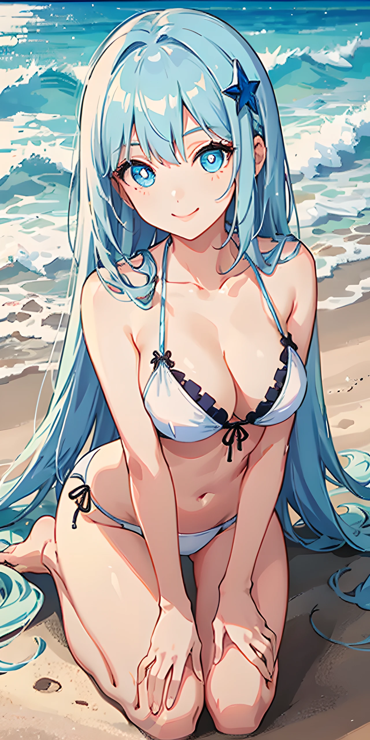 (masterpiece,best quality), 1girl,light blue long hair, light blue eyes,hair ornament,star-shaped pupils,beautiful detailed eyes,glowing eyes, white bikini,smile,beach,kneeling,