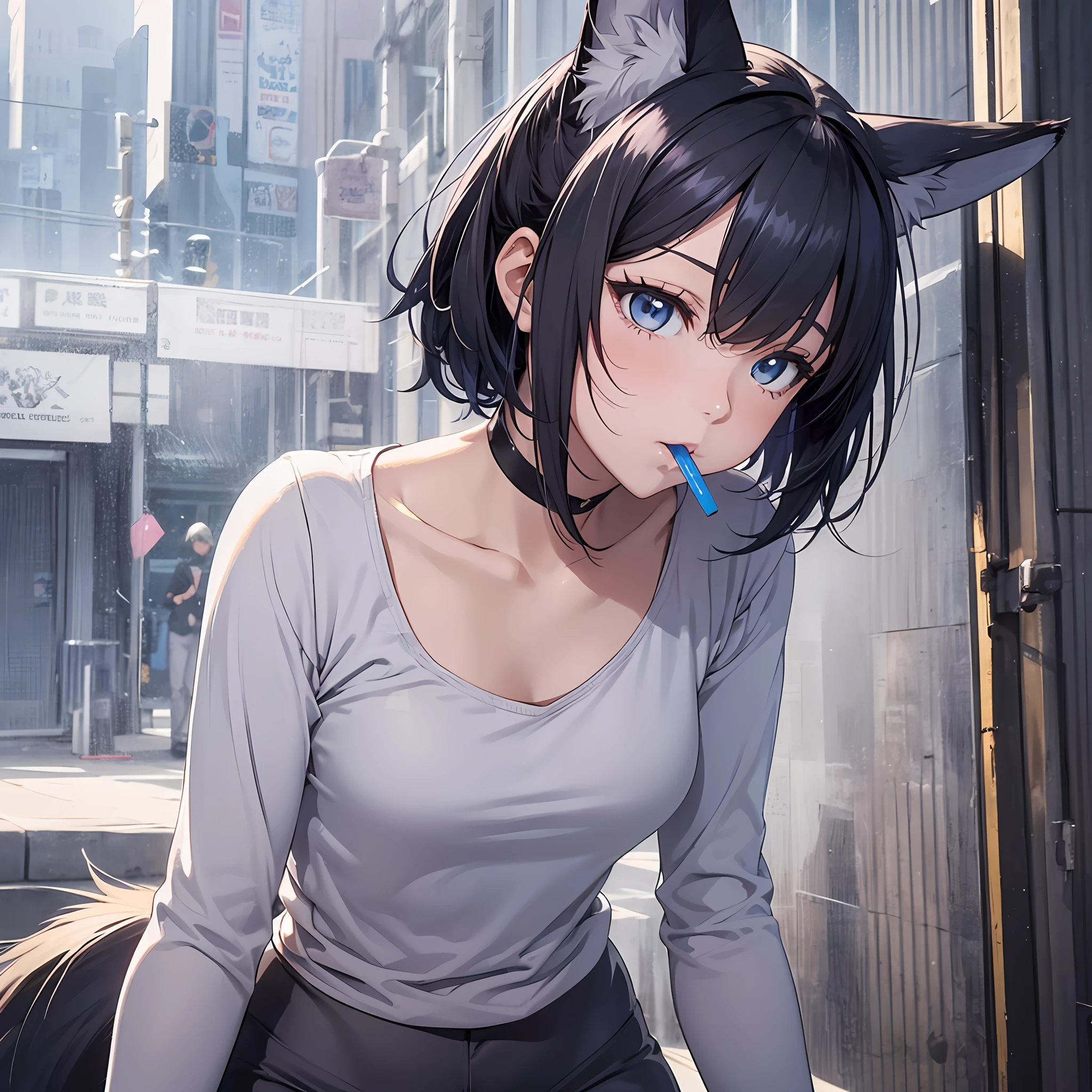 Anime, girl, woman, short black hair, grey fox ears, purple clip in the front of the hair, blue eyes, in the mouth the fang on the left side stands out, a grey fox tail with a white tip, thin body without much chest, cold blouse, blue sleeves and the rest grey, yellow shirt, legging trousers --auto --s2