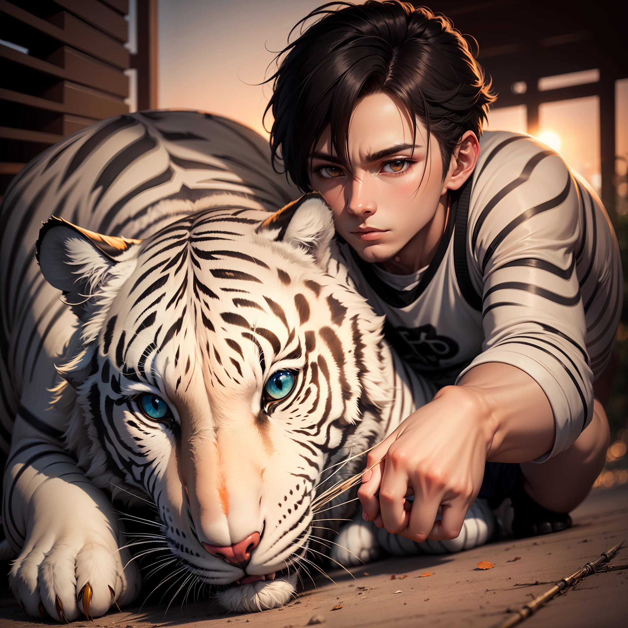 Anime boy sitting on the ground next to the white tiger,high qulity,Ink painting style,White tiger details,god light,Orange sunset,Bokeh background.