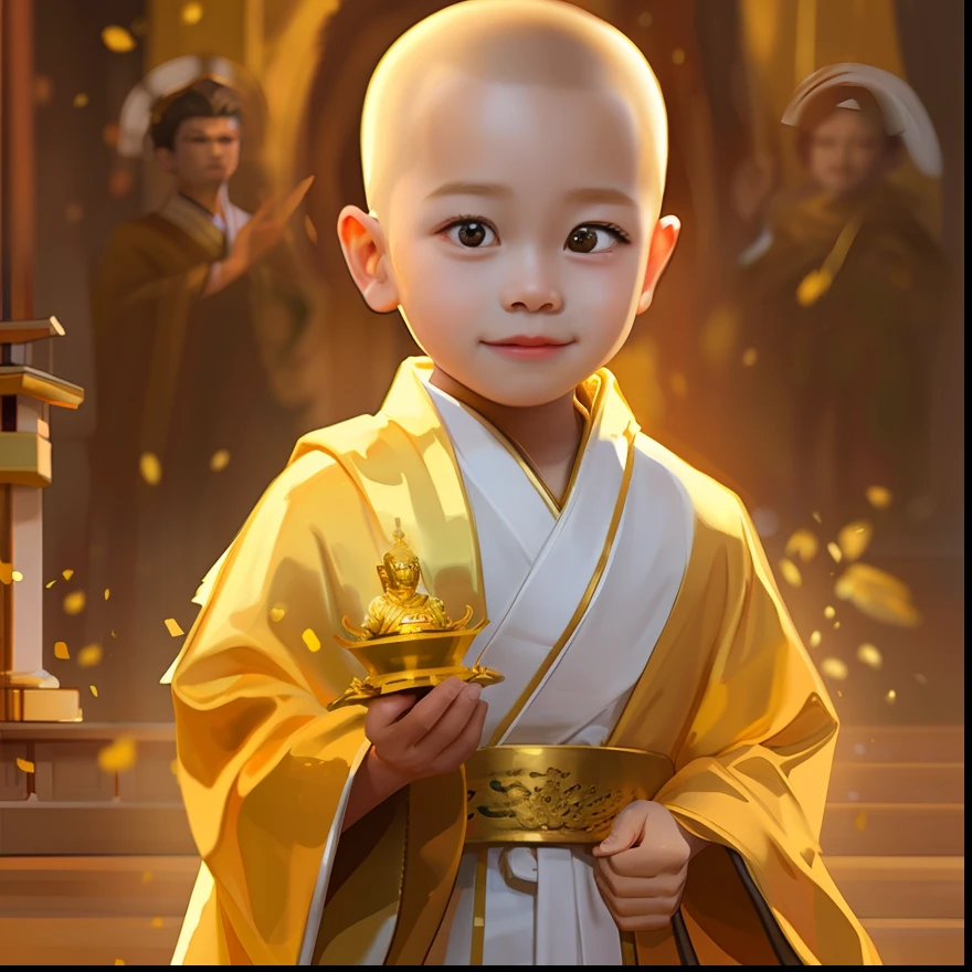 Close-up of a child in a yellow robe holding a gold crown, golden-white robes, Golden robes, monk clothes, yellow robes, Yellow robe, yanjun cheng, wearing gilded robes, Buddhist, ruan jia beautiful!, robes with golden characters, inspired by Wu Bin, young wan angel, lovely digital painting, son goku, wearing a long flowing robe