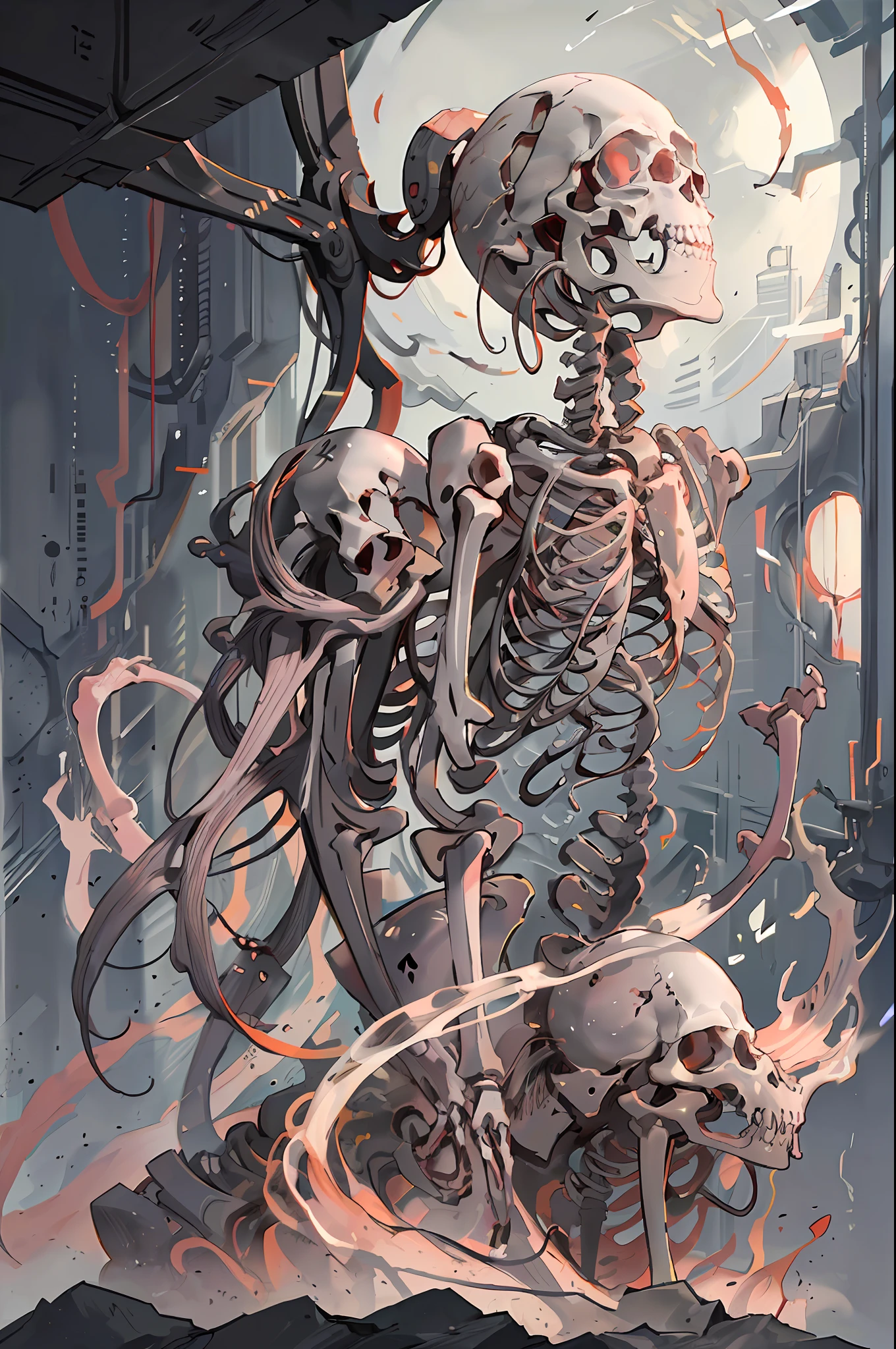 (non-human:1.3), (only skeleton:1.4), (Silver skeleton in transparent crystal case), (stands), ((symmetrical)), (detailed nervous system), neon color, bioluminescent color, vivid colors, perfect composition, hyper-realistic, ultra-detailed, high quality, RAW, RTX, SFX, UHD, UDR, 32K