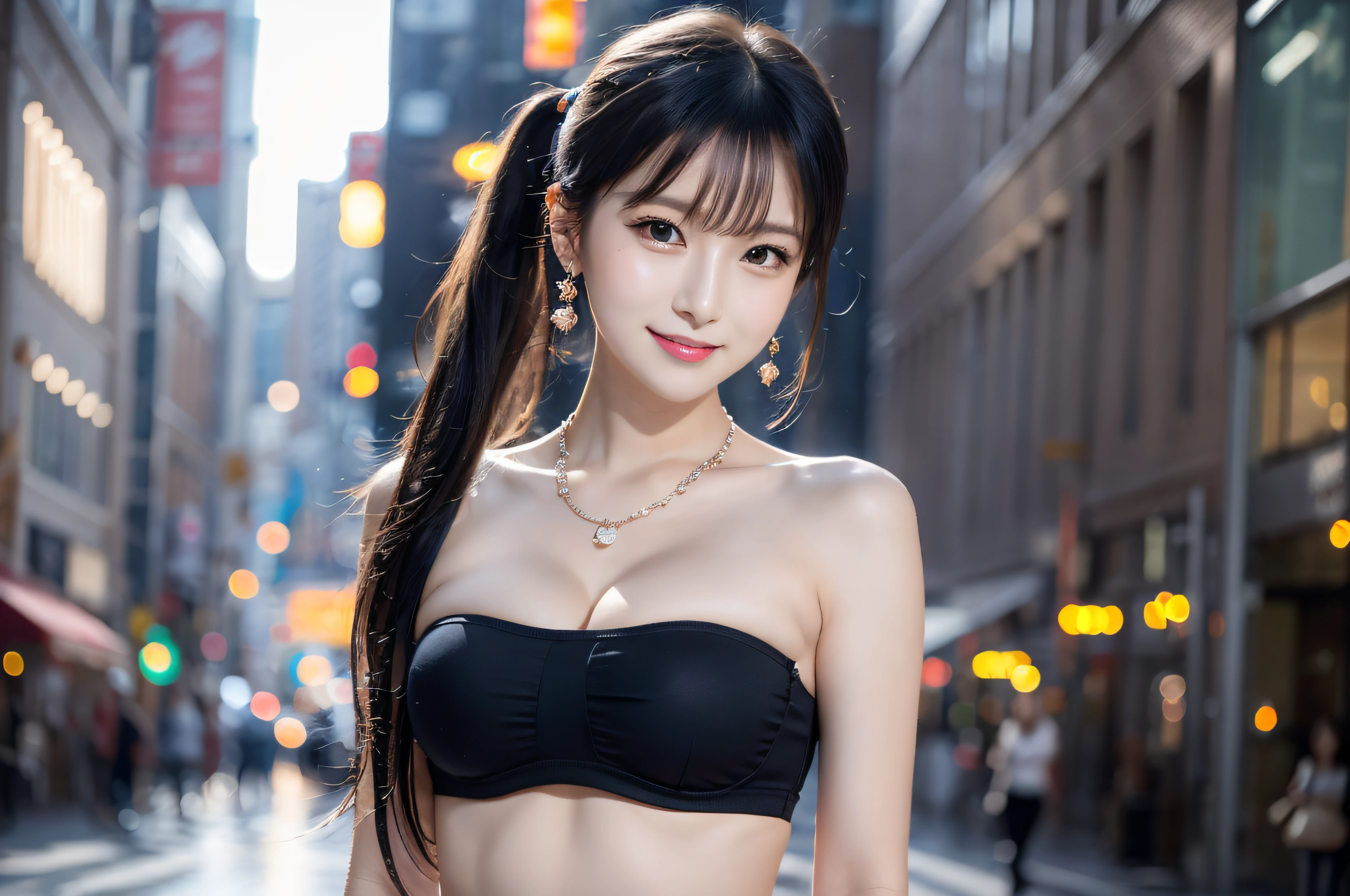 (8K,tmasterpiece),(innocent and classy girl:1.1),Wear a bandeau, Black color hair,High ponytail hairstyle, Very detailed face and skin texture, A detailed eye, 二重まぶた, Pale cheeks, Glossy glossy skin, Moist eyes:1.2, Shiny earrings and necklace, Glossy lips:1.4, White skin of the:1.2,Natural medium breasts, (sweetsmile:1.2), (looking at viewert), (tiny mouth:1.2),Wear a miniskirt,On the bustling downtown streets,Buildings,Ultimate detail