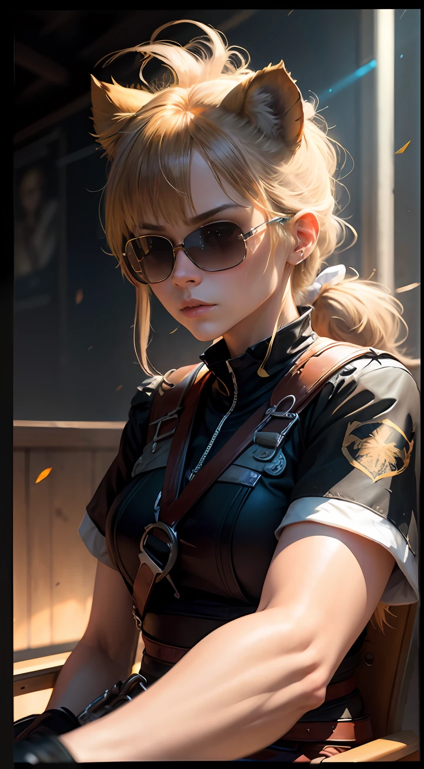 eyepatch, sunglasses, short ponytail, side swept bangs, lion ears, serious, Action painting, by Alfons Mucha, chromatic aberration, glowing light, f/16, Hasselblad, cut-in, three sided view, relationship graph, seating chart, highres, 8k, best quality --auto