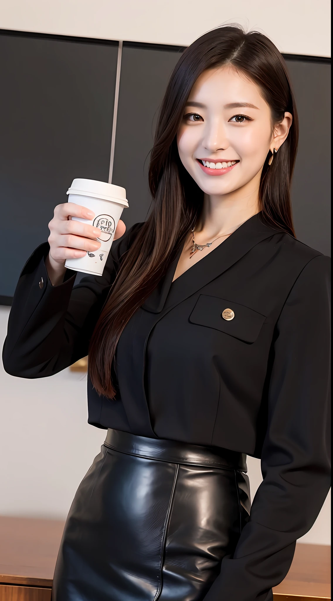 (Top Quality, 8k, 32k, Masterpiece, UHD: 1.2), Japan Female Pictures, (Detailed Face: 1.1), Simple Black Suit, (View Viewer: 1.1), Upper Body, Necklace, Office, Blouse, Leather Tight Skirt, Drinking Coffee, Smiling