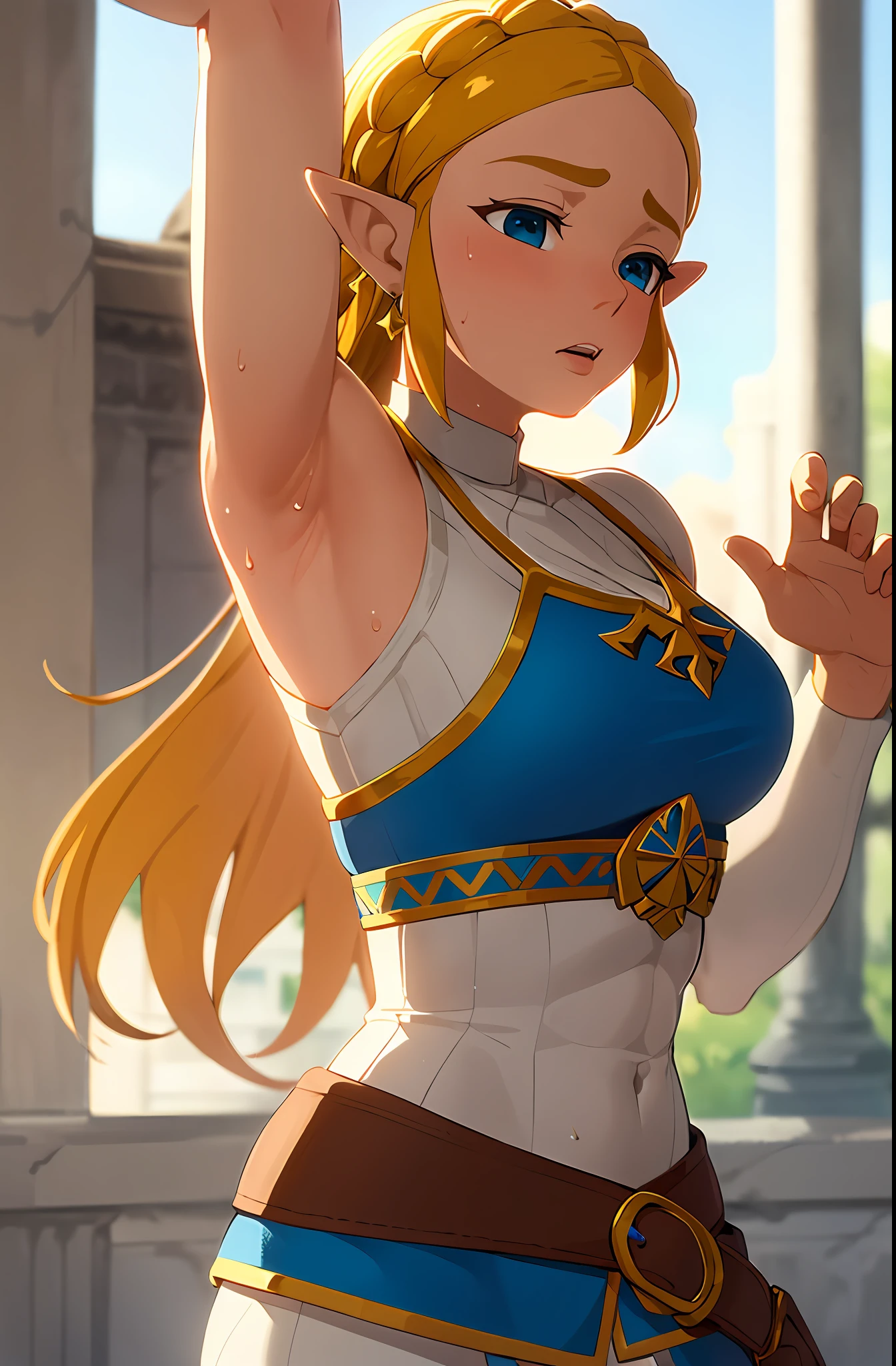 Zelda\(Princess\), 1girll, Solo,Breasts,Pose,Raised sexy，Sweat on the face，drools，A black face，hands raised overhead，There is smoke in the armpits