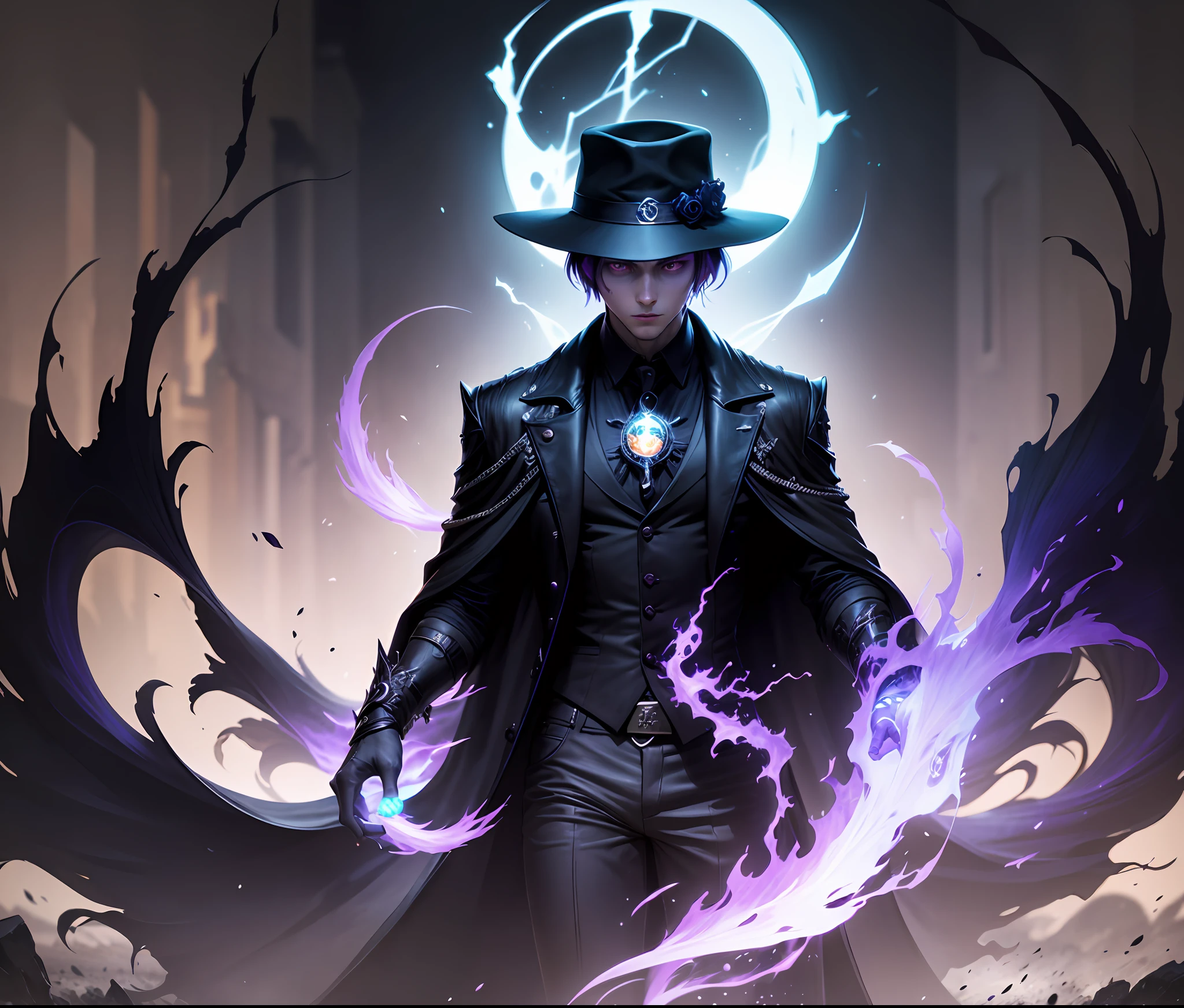 Purgatory background，Anime male characters，Purple colored hair，Black impermanent hat，Black coat，The Mystic Ball surrounds dynamically，looking toward the viewer，Shadow of the spirit beast behind him，edge lit。 --auto