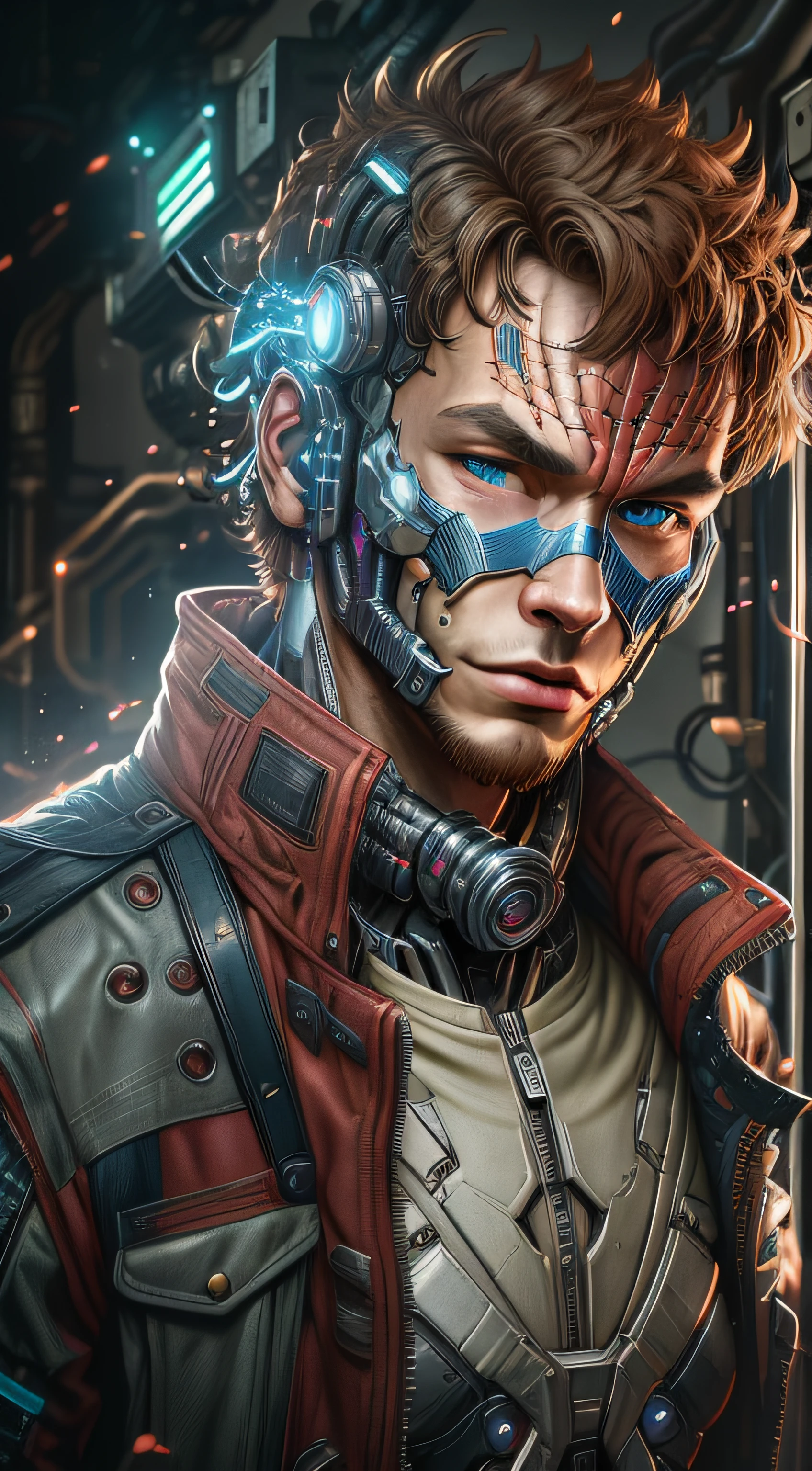 Peter Quill StarLord mask on, red jacket, from Marvel photography, biomechanical, complex robot, full growth, hyperrealistic, insane small details, extremely clean lines, cyberpunk aesthetic, masterpiece featured on Zbrush Central