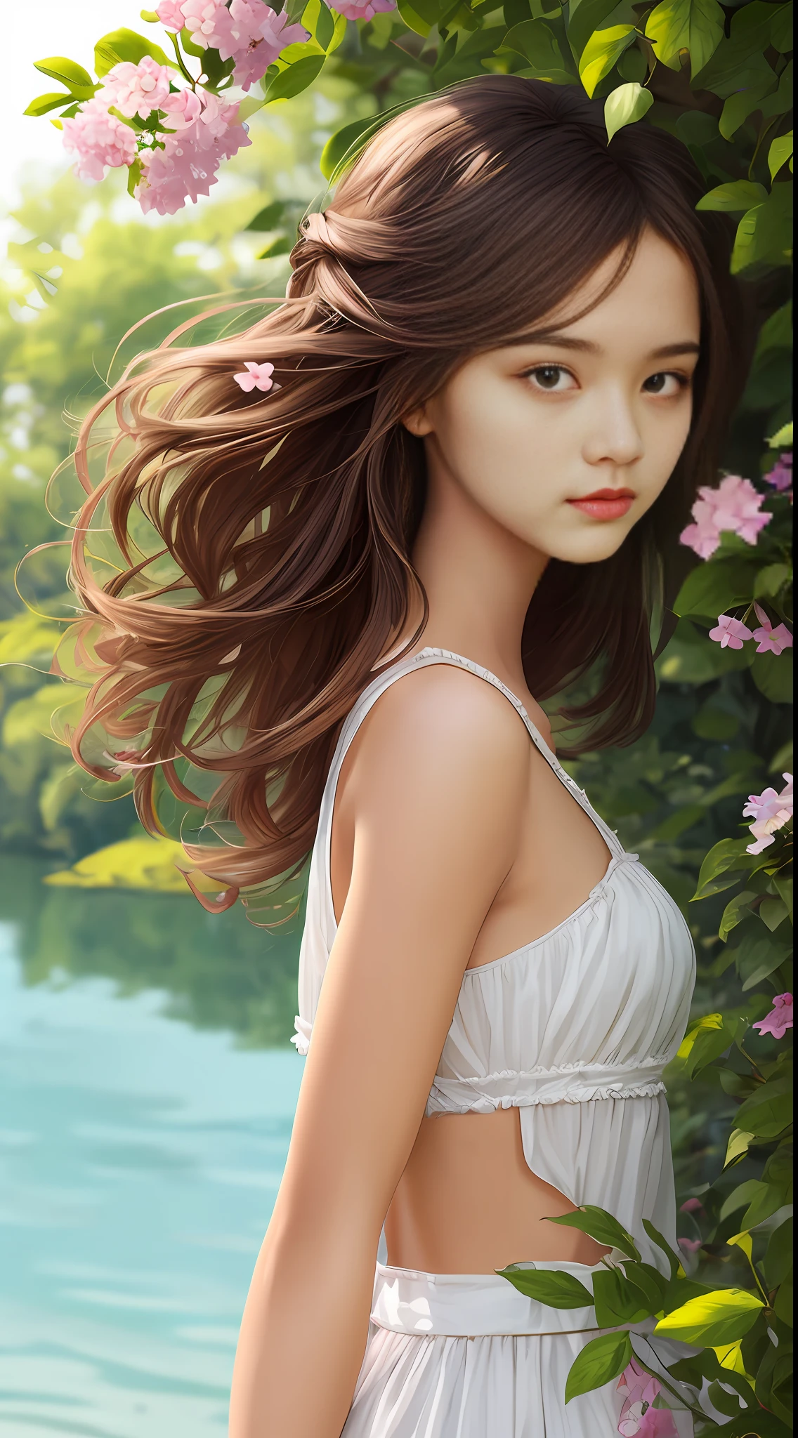 A girl,ite,realisticlying, The upper part of the body, Realistis,Flowering trees,Floating hair, Detailed face --auto