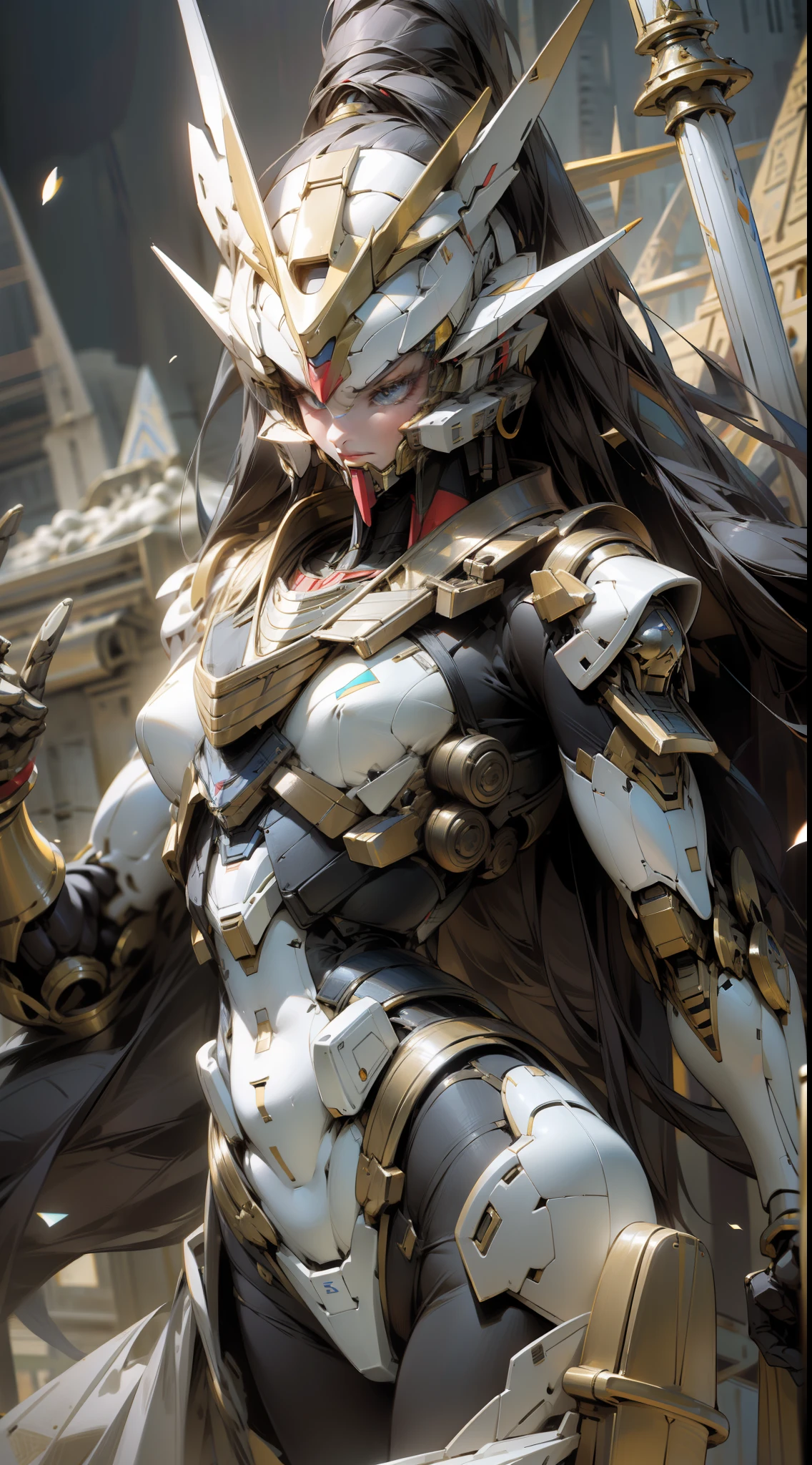 a beauti,Staff in hand,good eyes looking,High-precision polygons,Fully armed mechs,mechanical sense,Gundam form,close-up all over the body,perfectly proportions,Egyptian elements,Egyptian scene,Egyptian pyramids,4K,tmasterpiece,high qulity