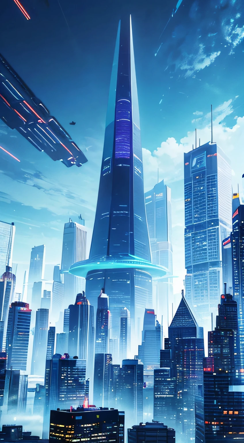 An oil painting of a futuristic cityscape, with towering skyscrapers and flying vehicles filling the frame. The colors are bright and vibrant, with shades of blue, green, and purple dominating the scene. In the foreground, a group of people can be seen walking towards a giant, glowing pyramid. --auto