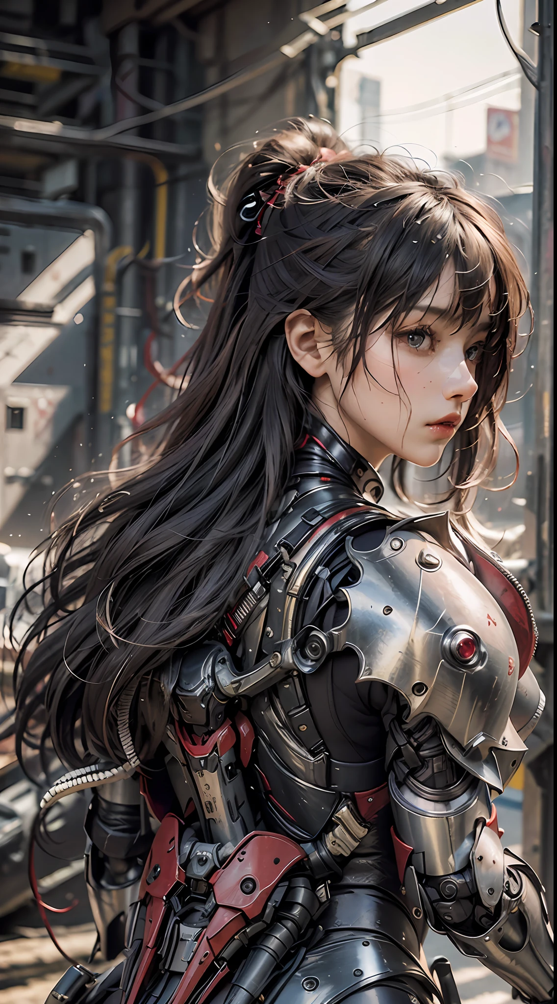 (Masterpiece), (Best quality), Photorealism, Realistic, Ultra detailed, Perfect face, Perfect body, 1girll, Beautiful girl, Girl in red armor, Mechanical armor, exoskeleton, Stand, Cool pose, Sexy, Watching from behind