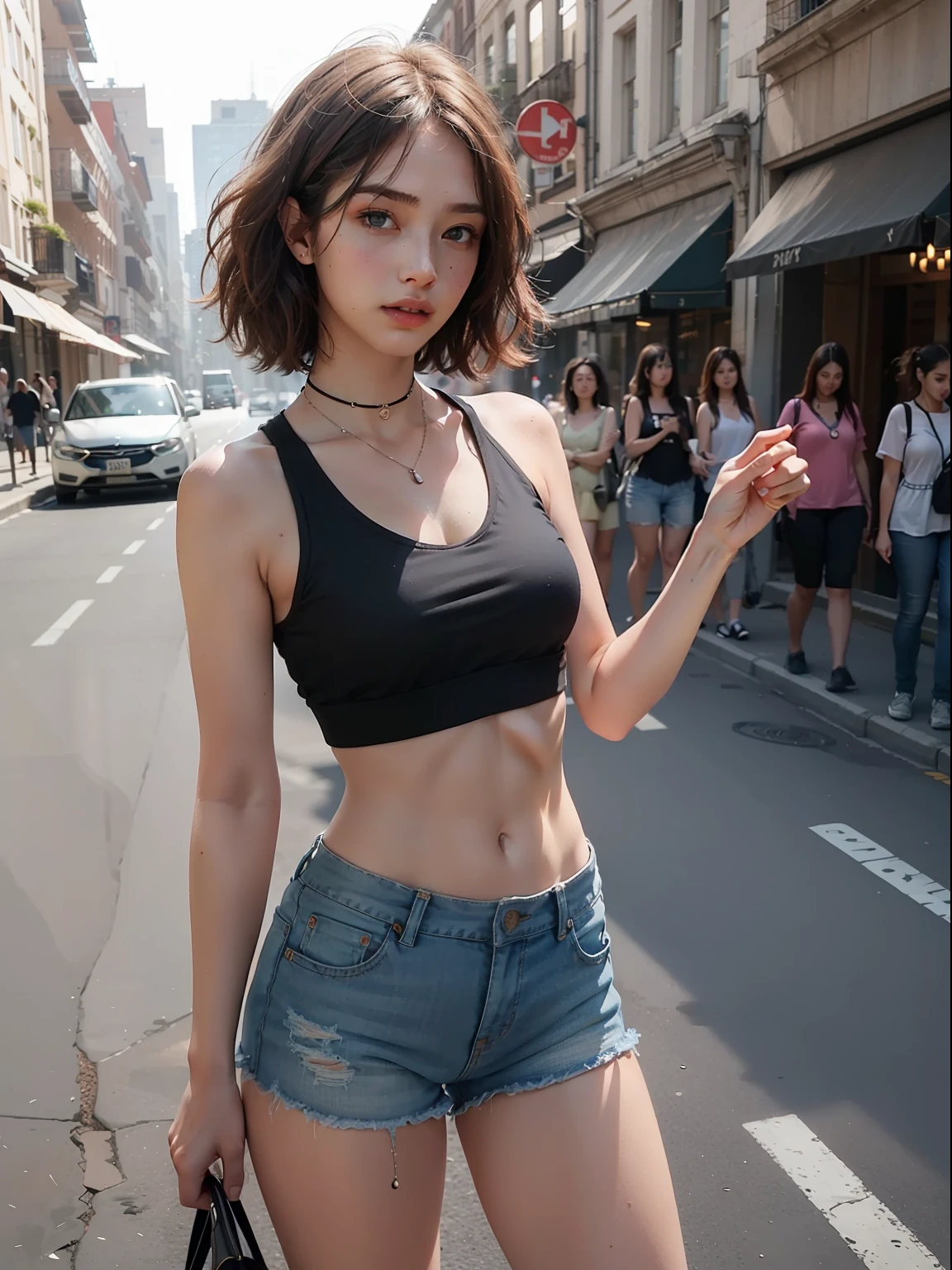 ((medium breast, tomboy girls, small head)), daylight, sunlight, (chiseled abs : 1.1), (perfect body : 1.1), (short wavy hair : 1.2) , auburn hair, collar, chain, full body shot, crowded street, wearing black tanktop, jeans jacket, ((shorts)), (extremely detailed CG 8k wallpaper), (an extremely delicate and beautiful), (masterpiece), (best quality:1.0), (ultra highres:1.0),  beautiful lighting ,perfect lightning, realistic shadows, [highres], detailed skin, ultra-detailed