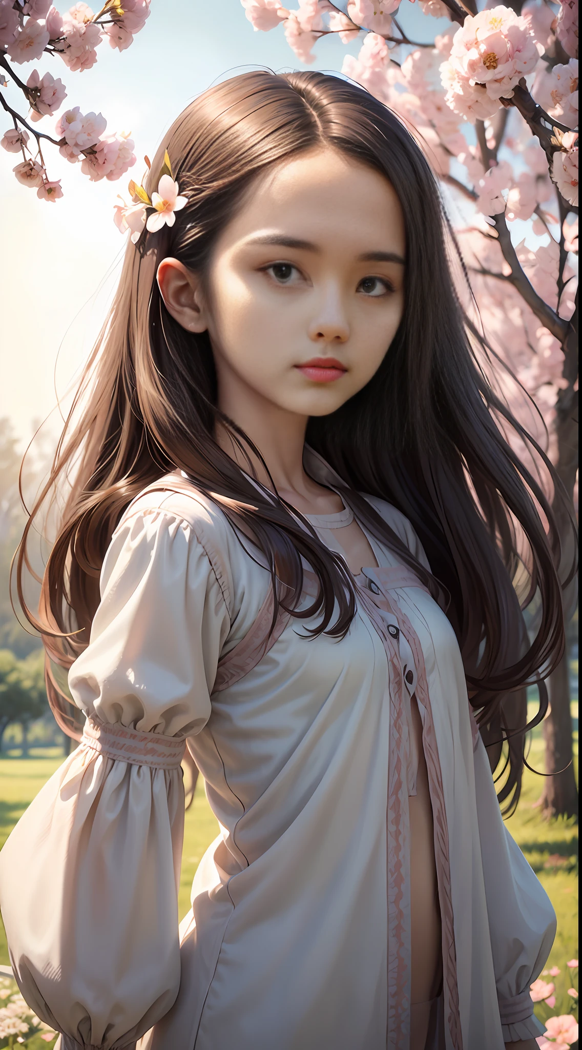 A girl,ite,realisticlying, The upper part of the body, Realistis,Flowering trees,Floating hair, Detailed face --auto