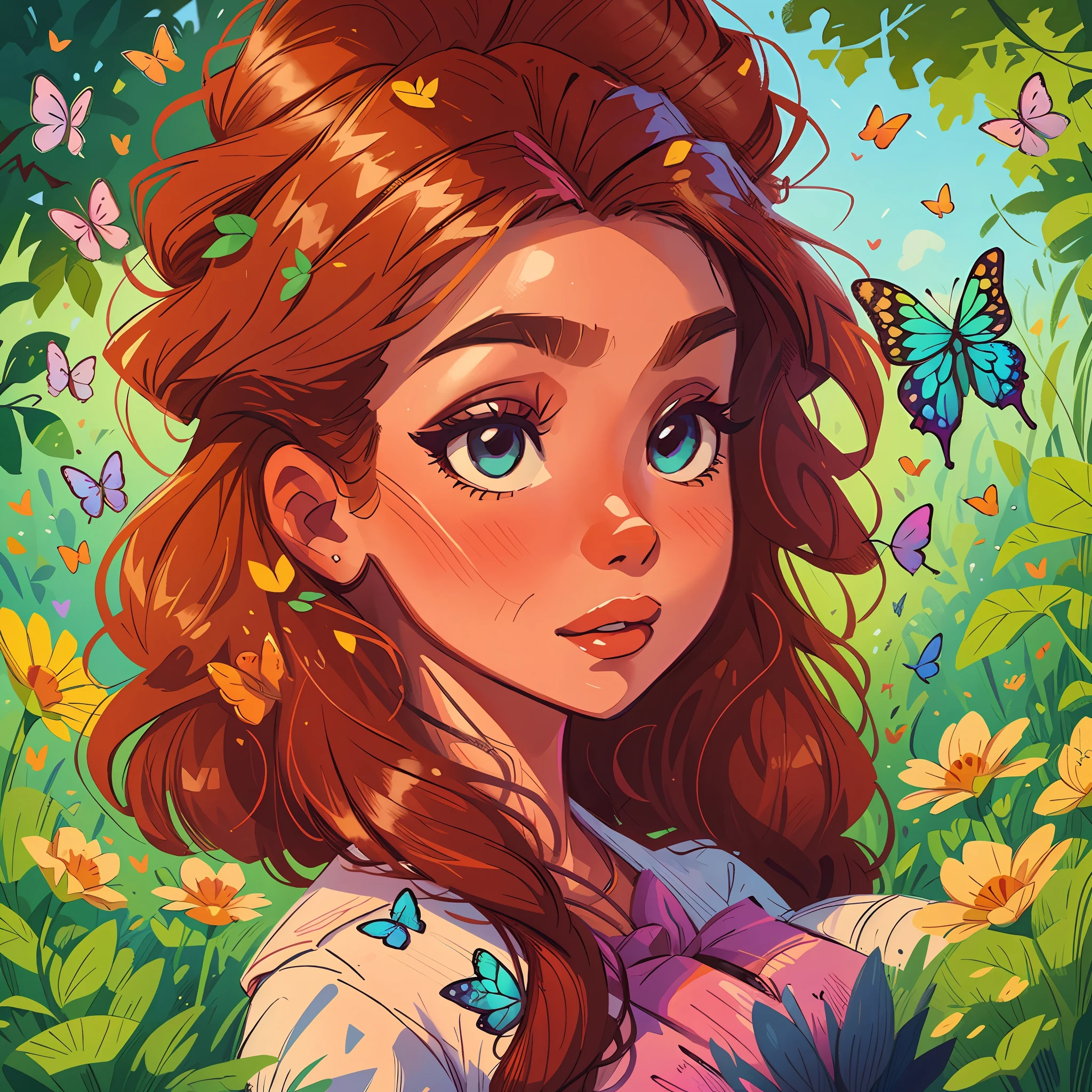 A very charming age barbie enjoying a beautiful summer surrounded by beautiful flowers surrounded by butterflies and nature. The illustration is a high-definition illustration in 4K resolution with highly detailed facial features and Disney-style visuals.