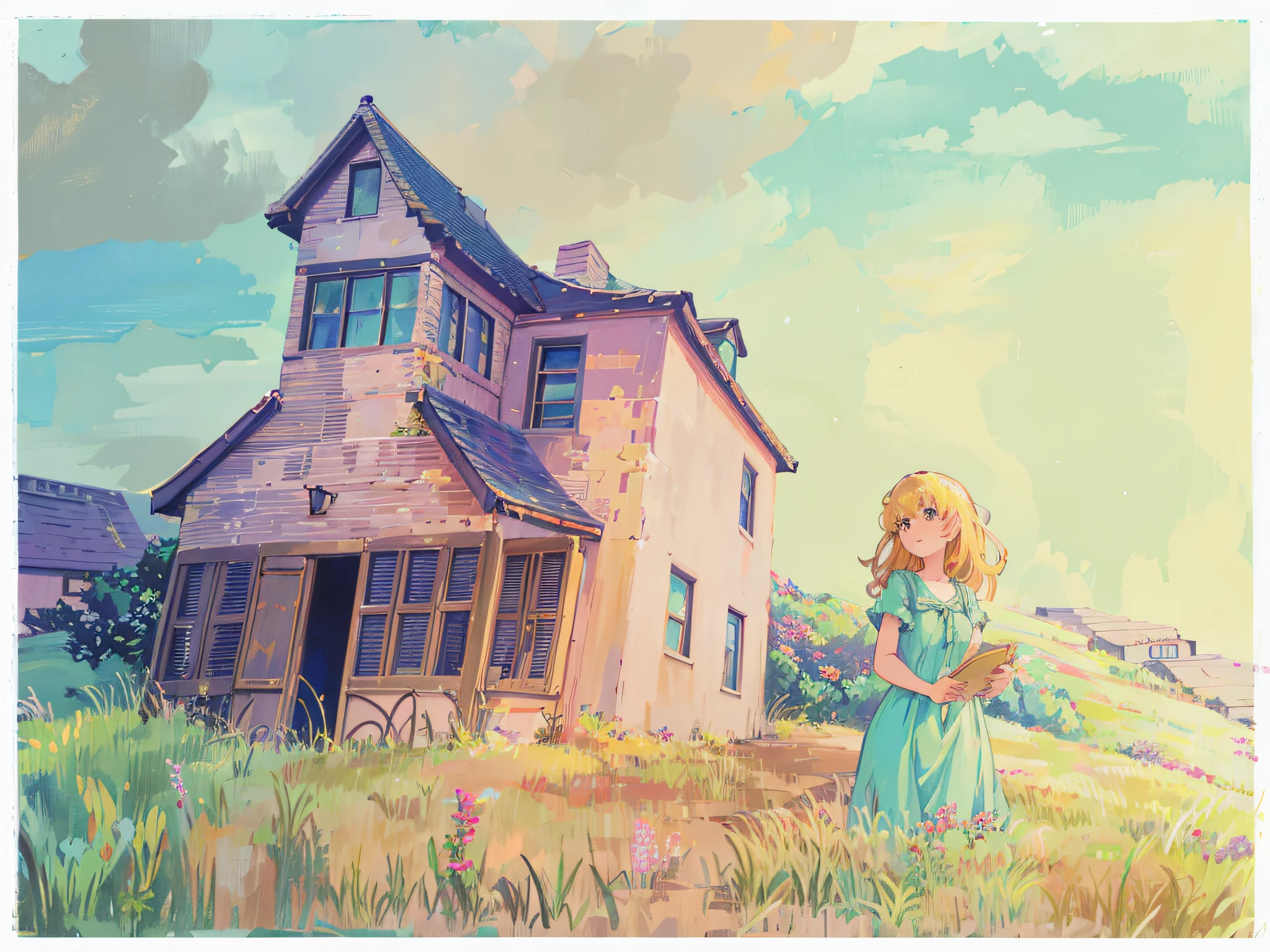 Anime art of a girl in a blue dress standing in front of a house, Anime background art, drawn in anime painter studio, made with anime painter studio, anime countryside landscape, studio ghibli smooth concept art, anime backgrounds, Studio Ghibli concept art, cottagecore!!, fundo de casa, gouache matte painting, arte de fundo, studio ghibli artstyle, dreamlike illustration