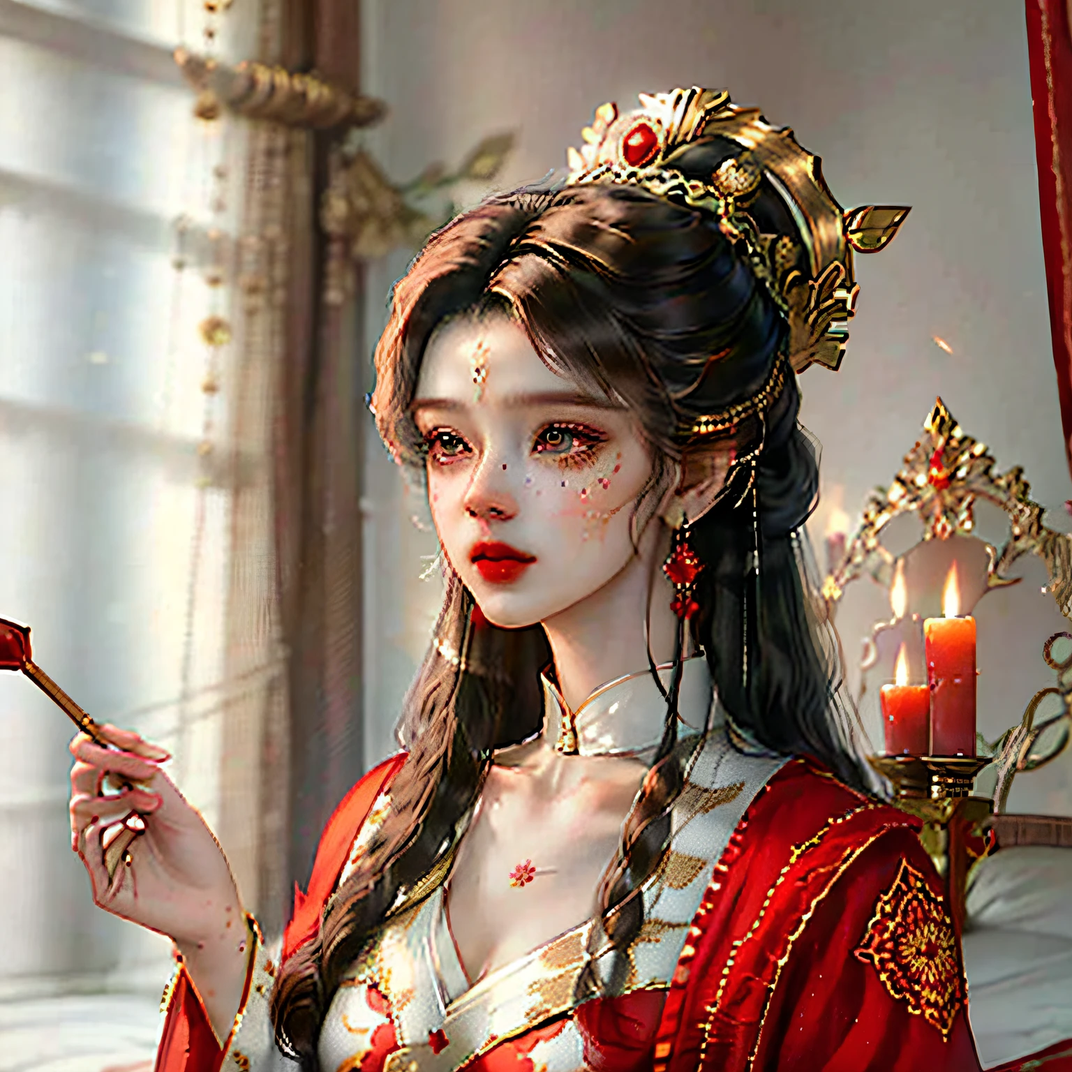 Best quality: 1.1), (Realistic: 1.1), (Photography: 1.1), (highly details: 1.1), A woman wears a red and gold dress,Woman with a crown on her head, A hair stick, (sitting on red bed), black_Hair, crown, Looking down, (2 red candles), Chinese_clothes, Curtains, Earrings, Hair_decorations, Hanfu, interiors, jewelry, Long_Sleeves, Red dress, Redlip, nipple tassels, (Red quilt), (red palace: 1.2), (3DMM),mix4,