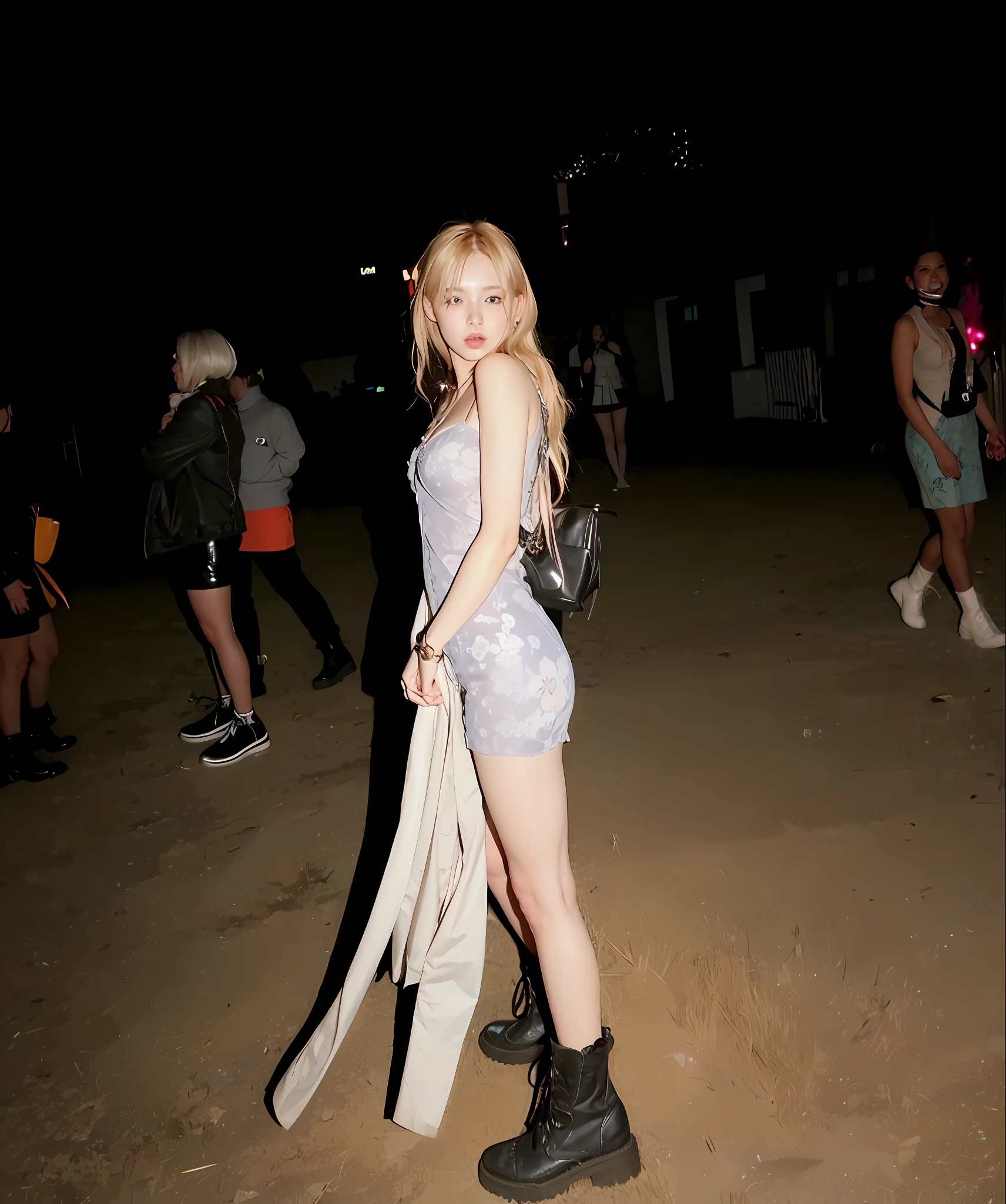 Arealfi woman in short skirt and boots standing in the field, roseanne park of blackpink, Night view Fanning, ellie bamber fairy, is playing happily, wearing a camisole and boots, blonde girl in a cosmic dress, dancing in the background, cl, blackpink jennie, is wearing  dress, Festive atmosphere, cool looking, with a cool pose