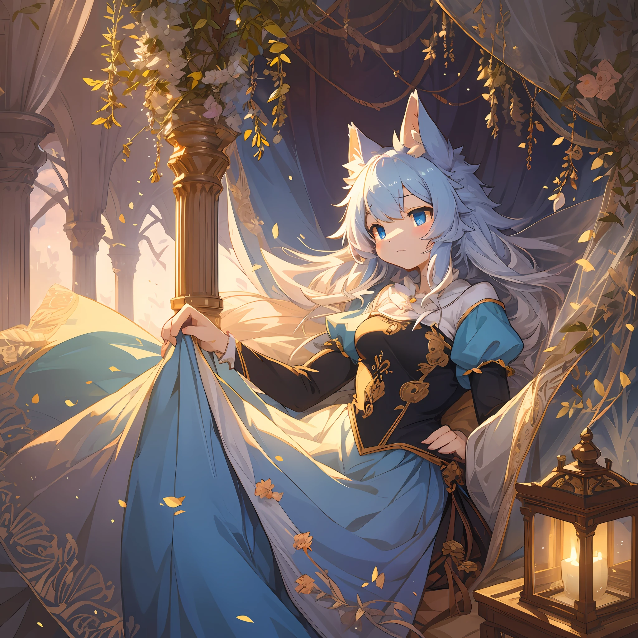 Sleepy princess in canopy bed, Luxurious interior, Reach out towards us, Detailed depiction of details, Beautiful light production, Delicate color expression, Dreamy atmosphere, (kemono, super cute girl, solo focus)(furry anthro)(highly detailed beautiful face and eyes)absurdres, perfect anatomy, Have a nostalgic background, High-resolution and clear illustrations, Reminiscent of the world of fairy tales, Elegant and dramatic scenes, seductiv,
