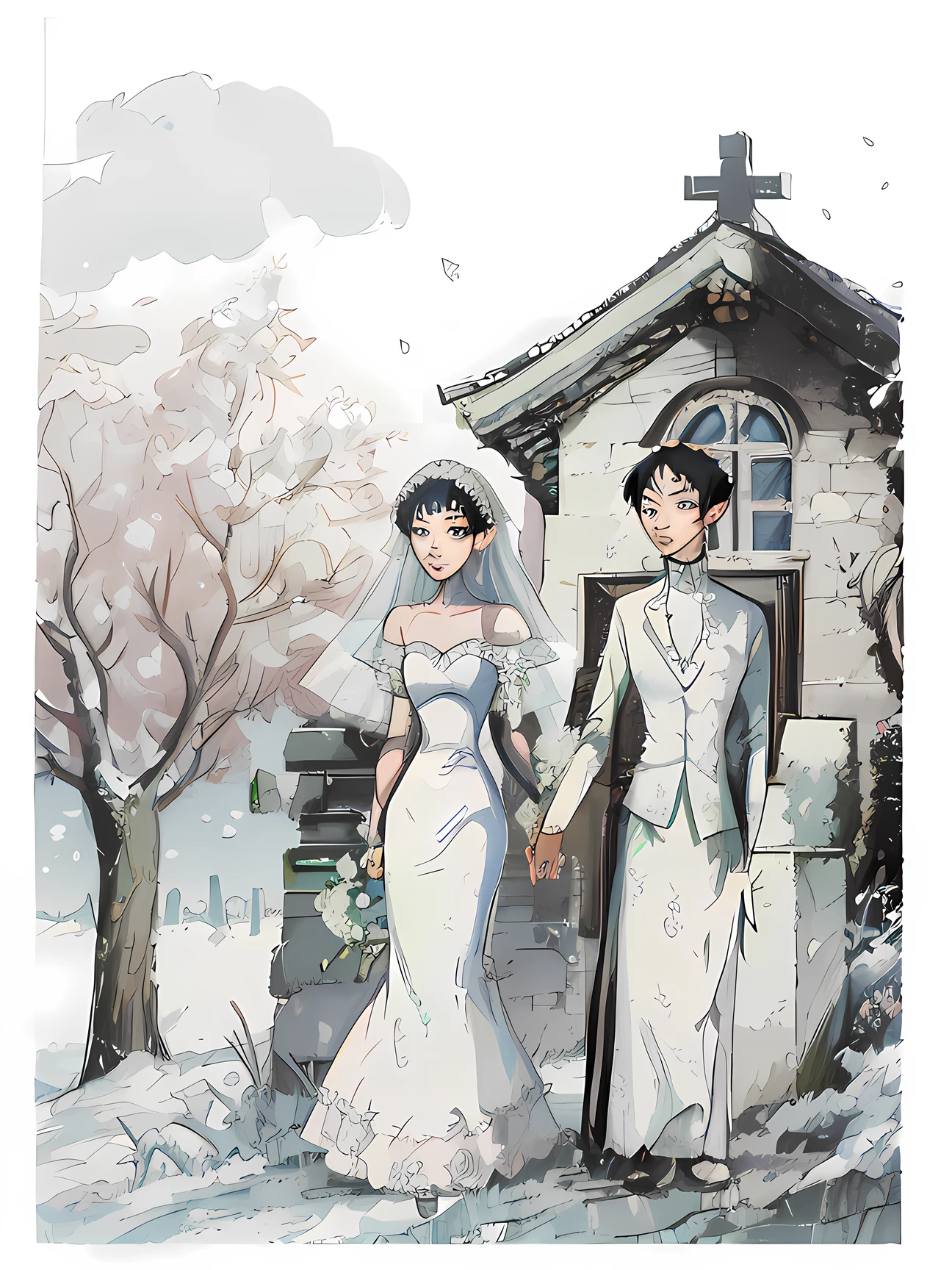 Anime wedding couple in front of a house in the snow,  bride art style, pixivs and junji ito, in a graveyard, official fanart, yusuke murata and junji ito, Makoto Shinkai e Tom Bagshaw, japanese gothic, author：by Yumihiko Amano, inspired by Yumihiko Amano, Bride and groom