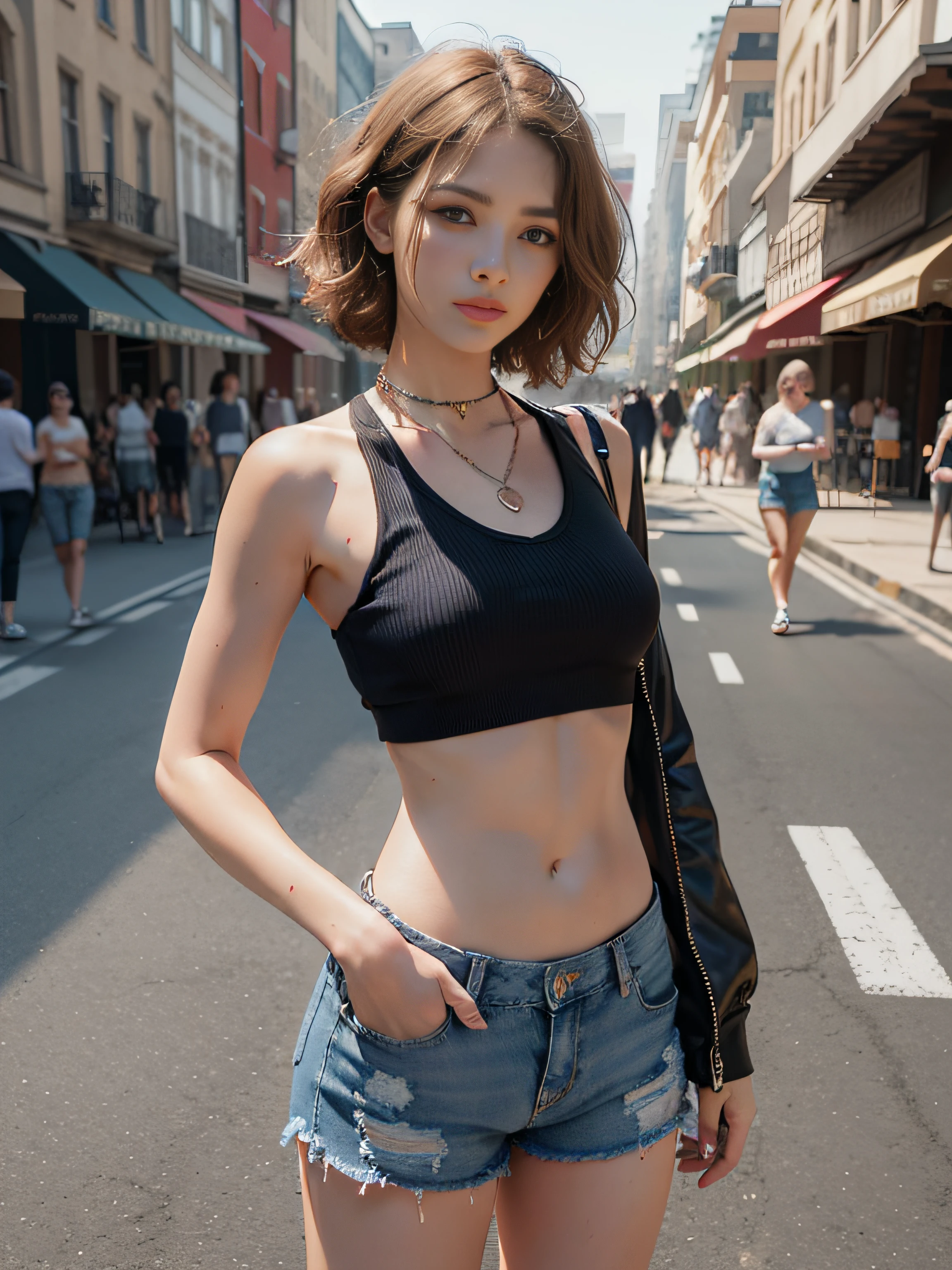 ((medium breast, tomboy girls, small head)), daylight, sunlight, (chiseled abs : 1.1), (perfect body : 1.1), (short wavy hair : 1.2) , auburn hair, collar, chain, full body shot, crowded street, wearing black tanktop, jeans jacket, ((shorts)), (extremely detailed CG 8k wallpaper), (an extremely delicate and beautiful), (masterpiece), (best quality:1.0), (ultra highres:1.0),  beautiful lighting ,perfect lightning, realistic shadows, [highres], detailed skin, ultra-detailed