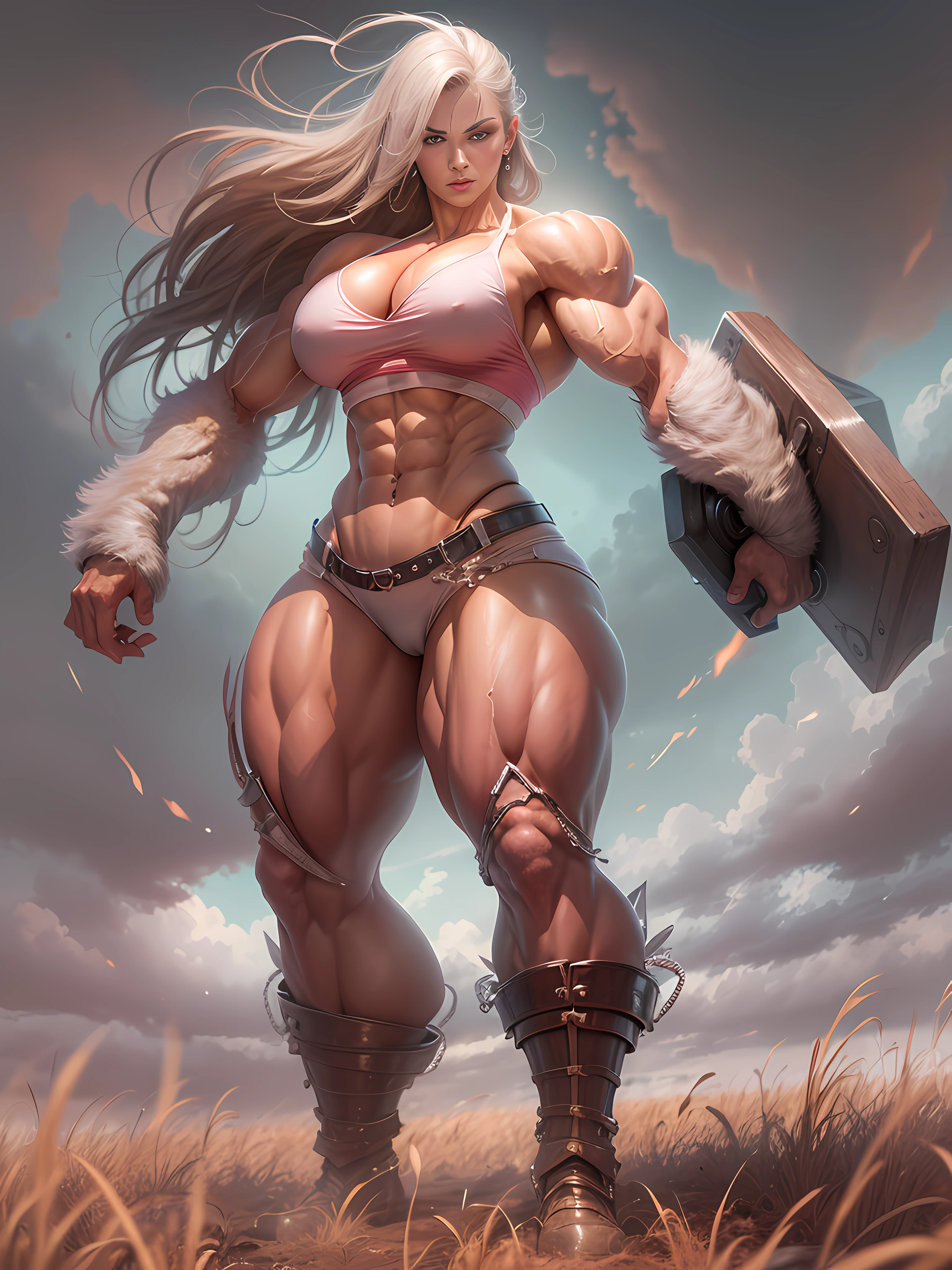(masterpiece: 1.2), (best quality: 1.2), Arafed female bodybuilder in light bikini posing in a field with heavy metals scattered, beautiful, perfect body, muscular warrior women, ultraviolent muscular woman, muscular girl, feminine and muscular, muscular, muscular, muscular, female bodybuilder, muscular druid, very beautiful, slight smirk, big eyes, pink eyes, big muscles, very strong woman, extreme muscles, massive muscles, muscles, muscular and scary, strong and muscular, giant muscles with veins, feats of strength, wide hips, perfect lighting, white skin, light-brown hair, big full breasts, mature woman, venous muscles, huge buttocks, 1girl,