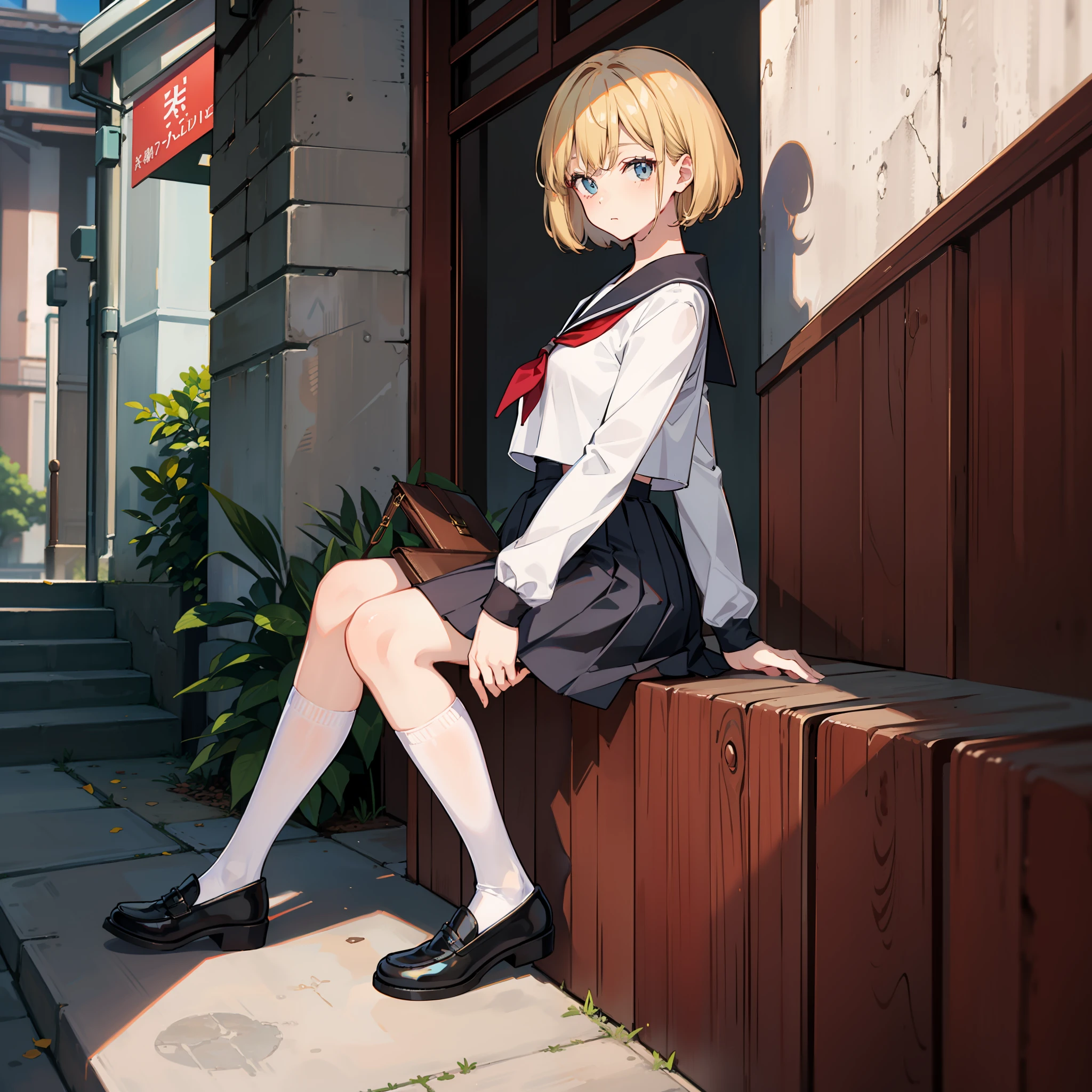 Description of a short-haired young woman holding a briefcase, 1 girl, solo, Merlin Prism River, school uniform, Gohei, skirt, shoes, Serafuku, white sailor uniform, socks, Mary Janes, school background, different costume, long sleeves, blonde, full body, looking at viewer, short hair