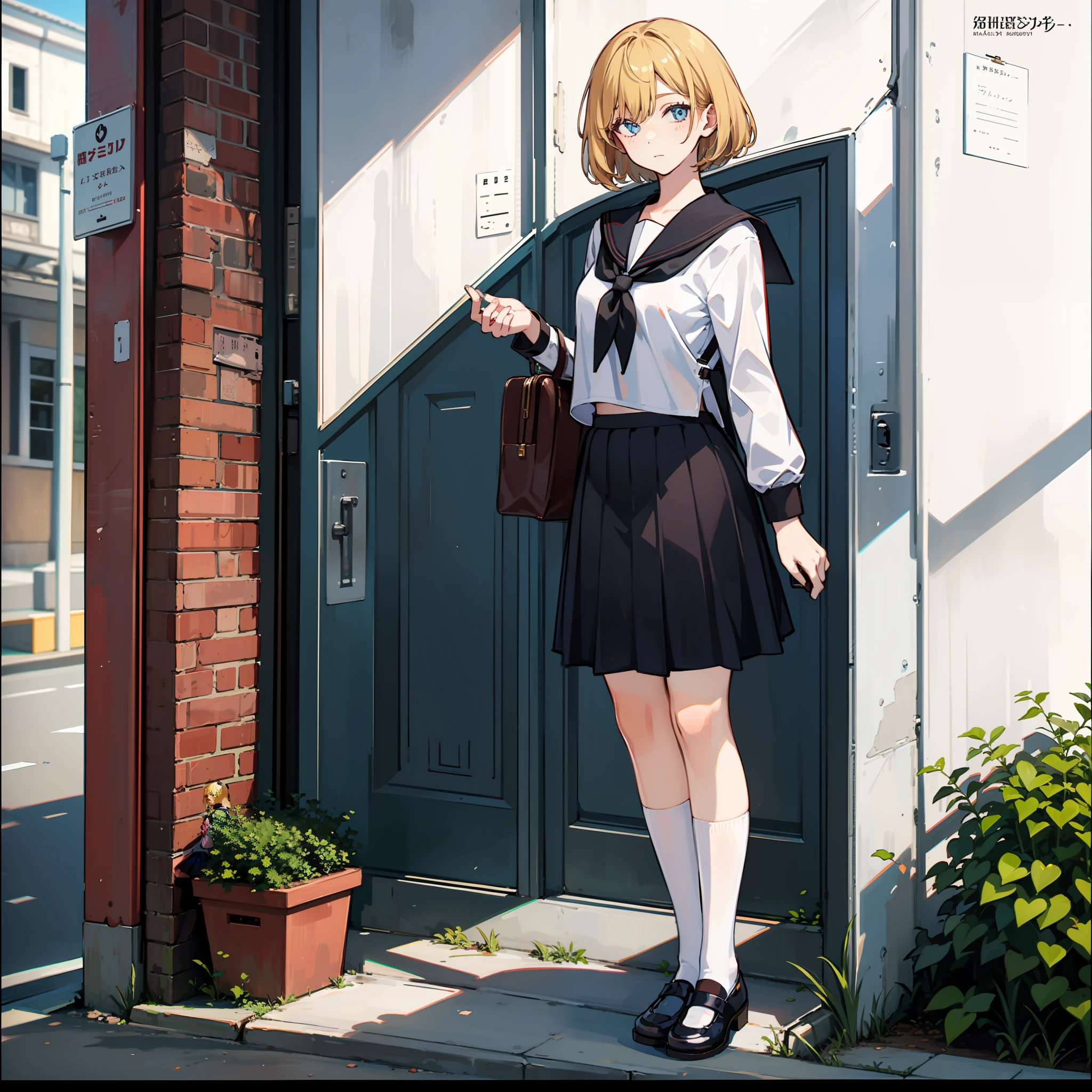 Description of a short-haired young woman holding a briefcase, 1 girl, solo, Merlin Prism River, school uniform, Gohei, skirt, shoes, Serafuku, white sailor uniform, socks, Mary Janes, school background, different costume, long sleeves, blonde, full body, looking at viewer, short hair