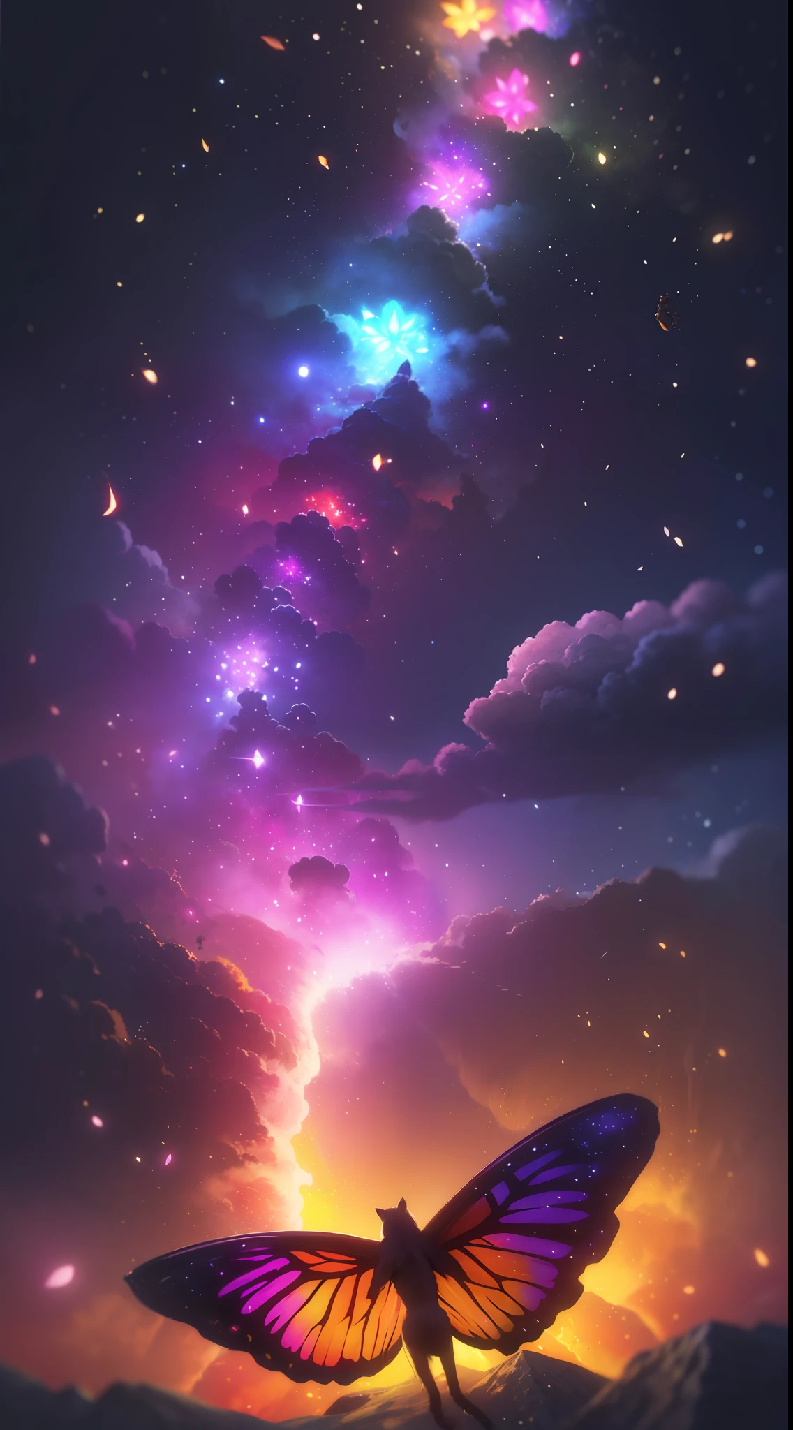 Vast landscape photos、(The sky is up as seen from below、The field is down)、Girl standing in a flower garden and looking up、(fullmoon:1.2)、(meteors:0.9)、(nebulas:1.3)、mountain in the distance々、The tree々 BREAK Craft Art、(Warm light:1.2)、(fireflys:1.2)、A light、lightning bolt、butterflys々、Lots of Purples and Oranges、intricate detailes、voluminous lighting、Realism Break(​master piece: 1.2), (Top image quality), 8K, The ultra-detailliert, (dynamic compositions: 1.4), ighly detailed, Colorful Detail, (Rainbow Color: 1.2), (Glow lighting, Atmosphere Lighting), dream-like, Magical, (独奏: 1.2)