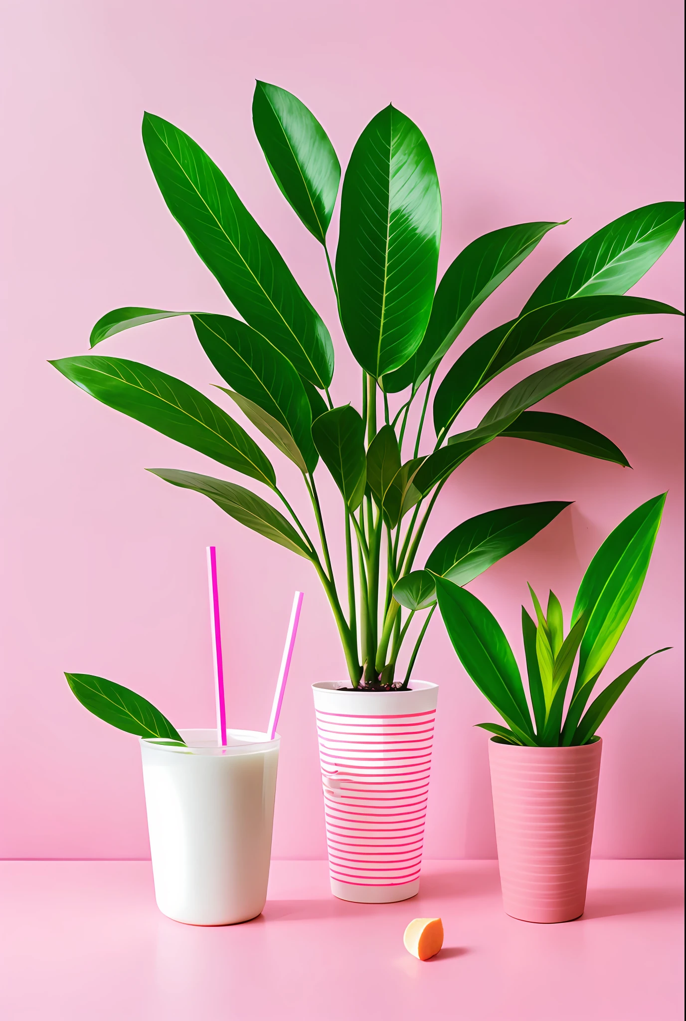 an illustration of beverage with a straw and small plants around it, in the style of light pink and dark gray, wallpaper, animated gifs, matte photo, striped painting, applecore, terracotta --style raw --v 5.1