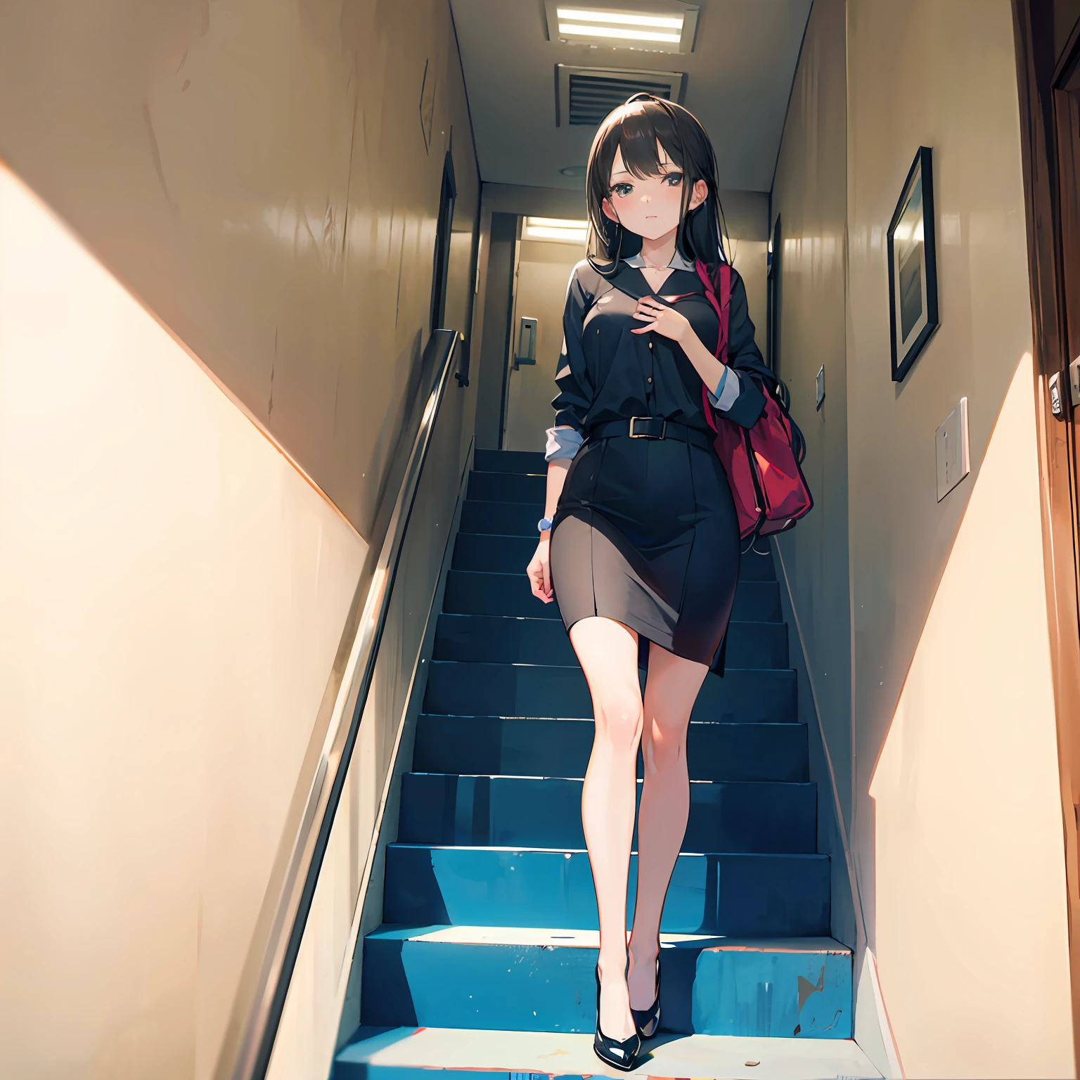 In the stairwell of the office building stands a beautiful woman