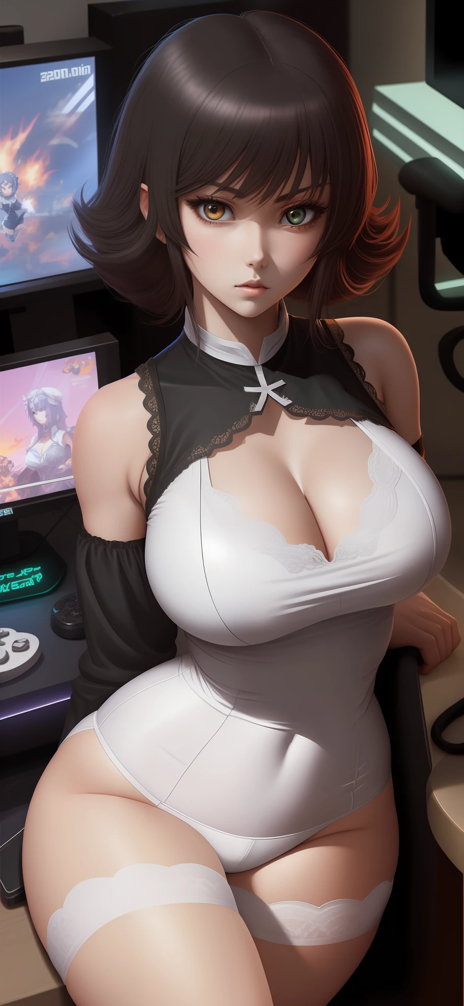 anime big breast,quadratic element,gaming character,Adult daughter,Royal Sister,Bare thighs,White underwear,open-crotch pants,sharp looking eyes,lace-edged black silk