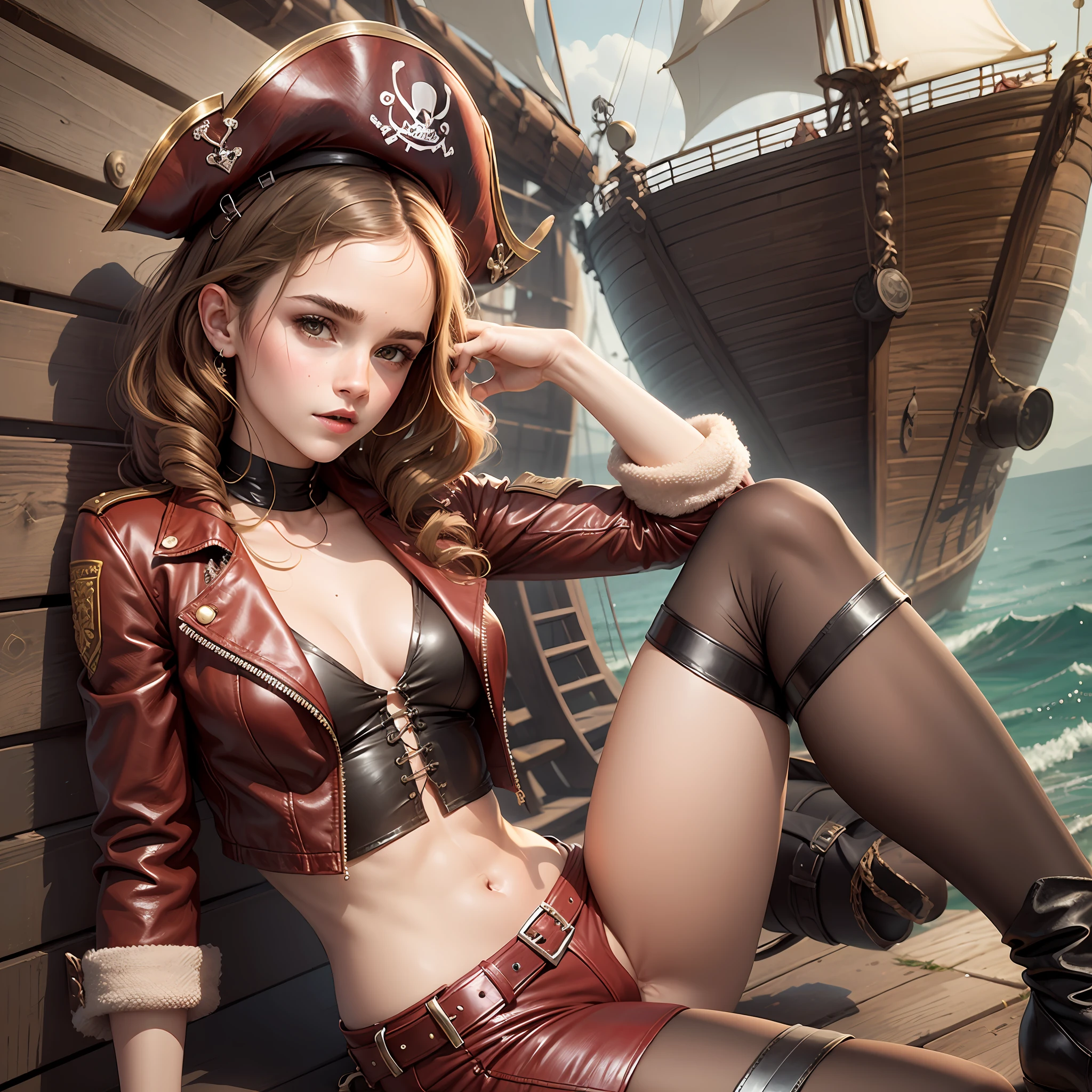 emma watson as a sexy pirate girl sitting on a fence. tight intricate red leather pirate costume. crop top. slender body. background pirate ship.