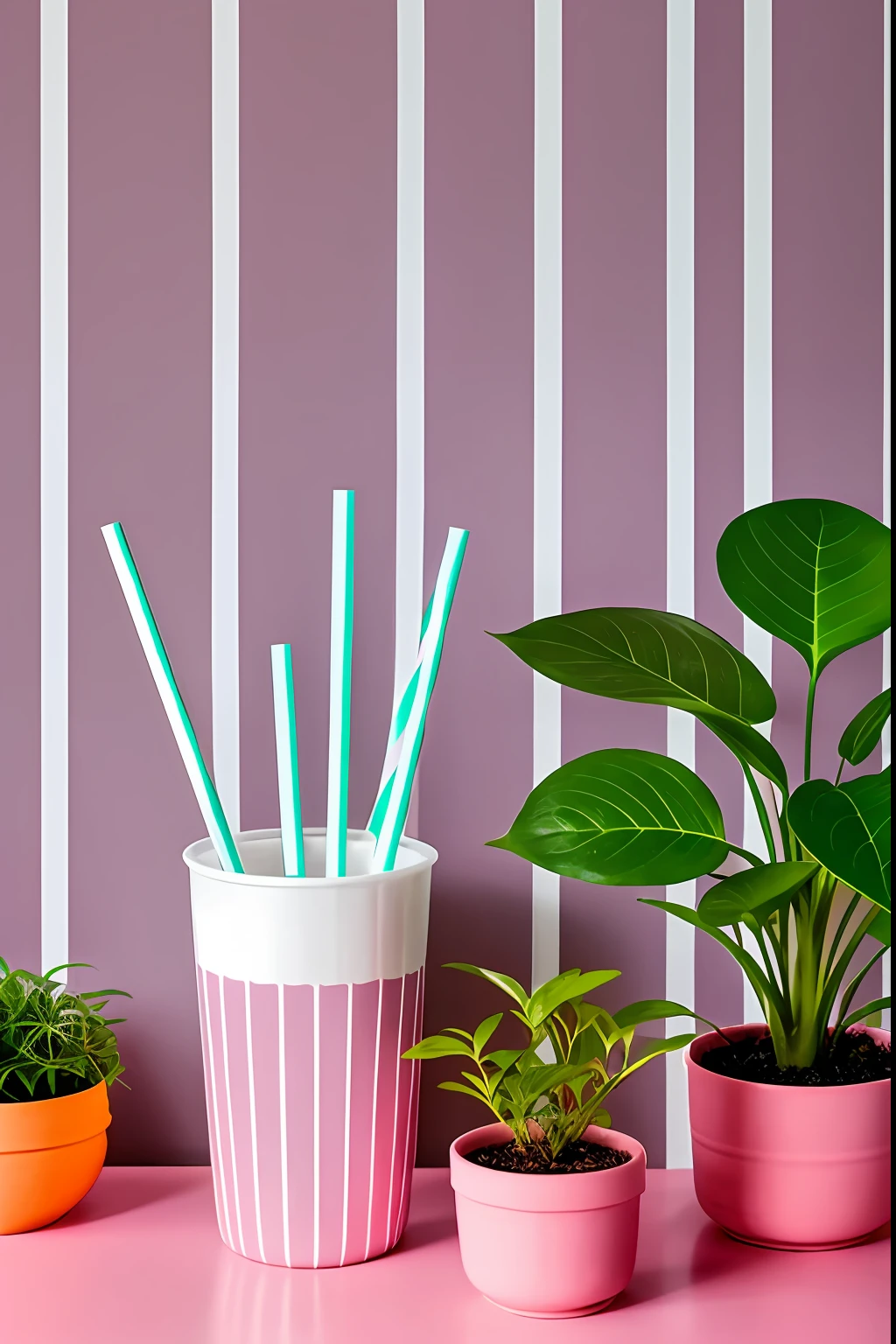 Illustration of a drink,There are straws and small plants around, Light pink and dark gray style, the wallpaper, Animated GIFs, matte photos, Striped painting, applecore, Terracotta Warriors --Style Raw --V 5.1