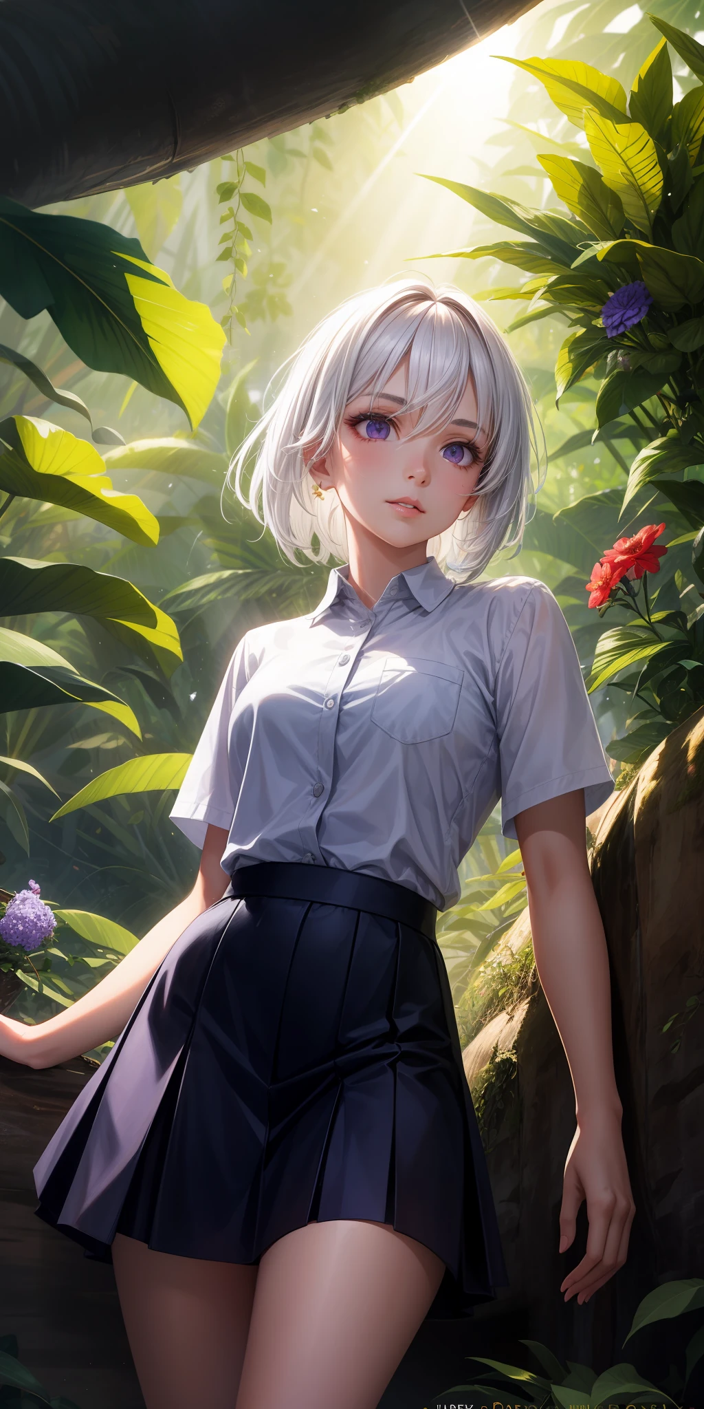 realisticlying，1girl，White hair，Purple eye，glowing light eyes，Cut the top，a skirt，parted lip，Be red in the face，jungles，fresh flowers，suns，rays of sunshine，