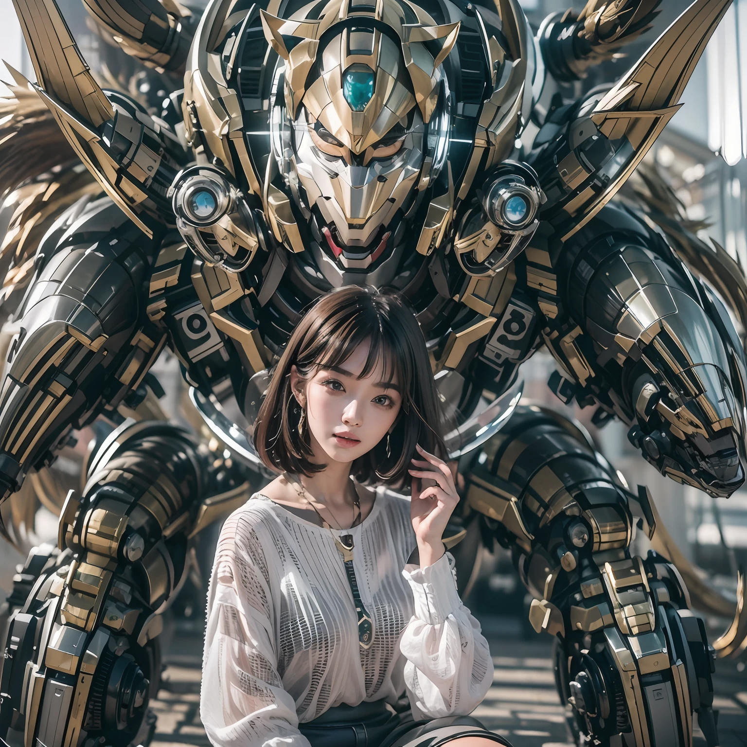 1girll，Big eyes，Perfect facial features，With a mecha helmet，mechs，Photorealsitic，Metallic，sitting on a stool，eyes looking at the lens，Lips slightly open，There is a mecha dragon behind him，Dragon，best qualtiy，c4d渲染，rendering by octane，Cinematic quality，tmasterpiece，16k,(Full body photo)