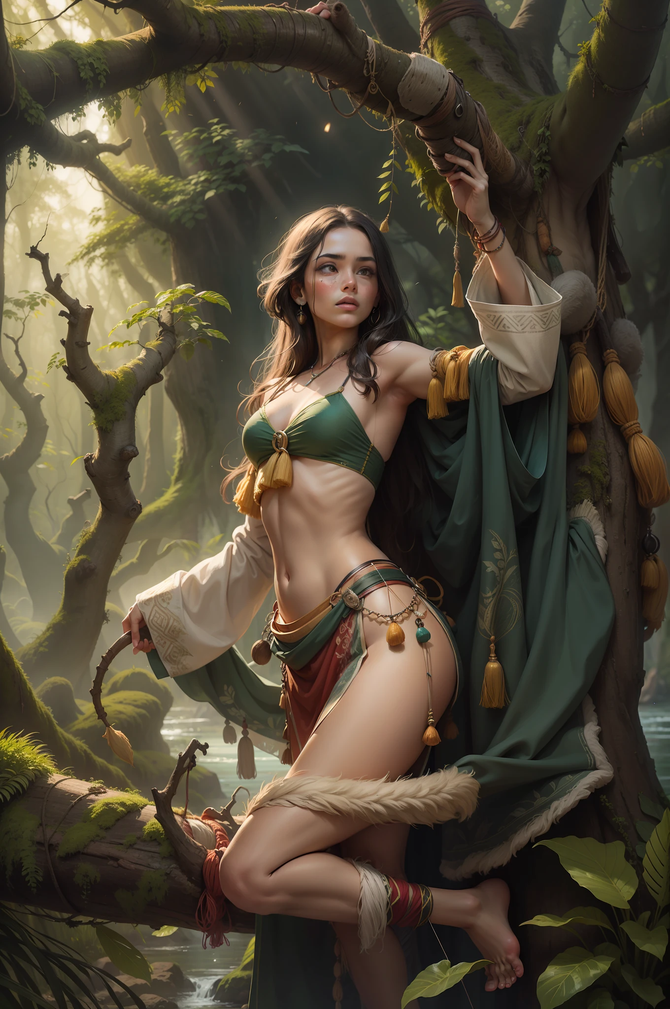 （digitial painting），（best qualtiy），Close-up of a beautiful woman，（（（The bow and arrow are pulled in the hand,））），Primitive tribesmen dressed up，There is only a grass skirt on the body，Deerskin chest，No other clothing，Barefoot，In tropical primeval forests，Green moss，Small rivers，grape trees，Huge trees，Cover the sky，Fallen trees，8K hyper-realism，Strong color scheme，gentle illumination, prime time, Enigmatic Atmosphere,