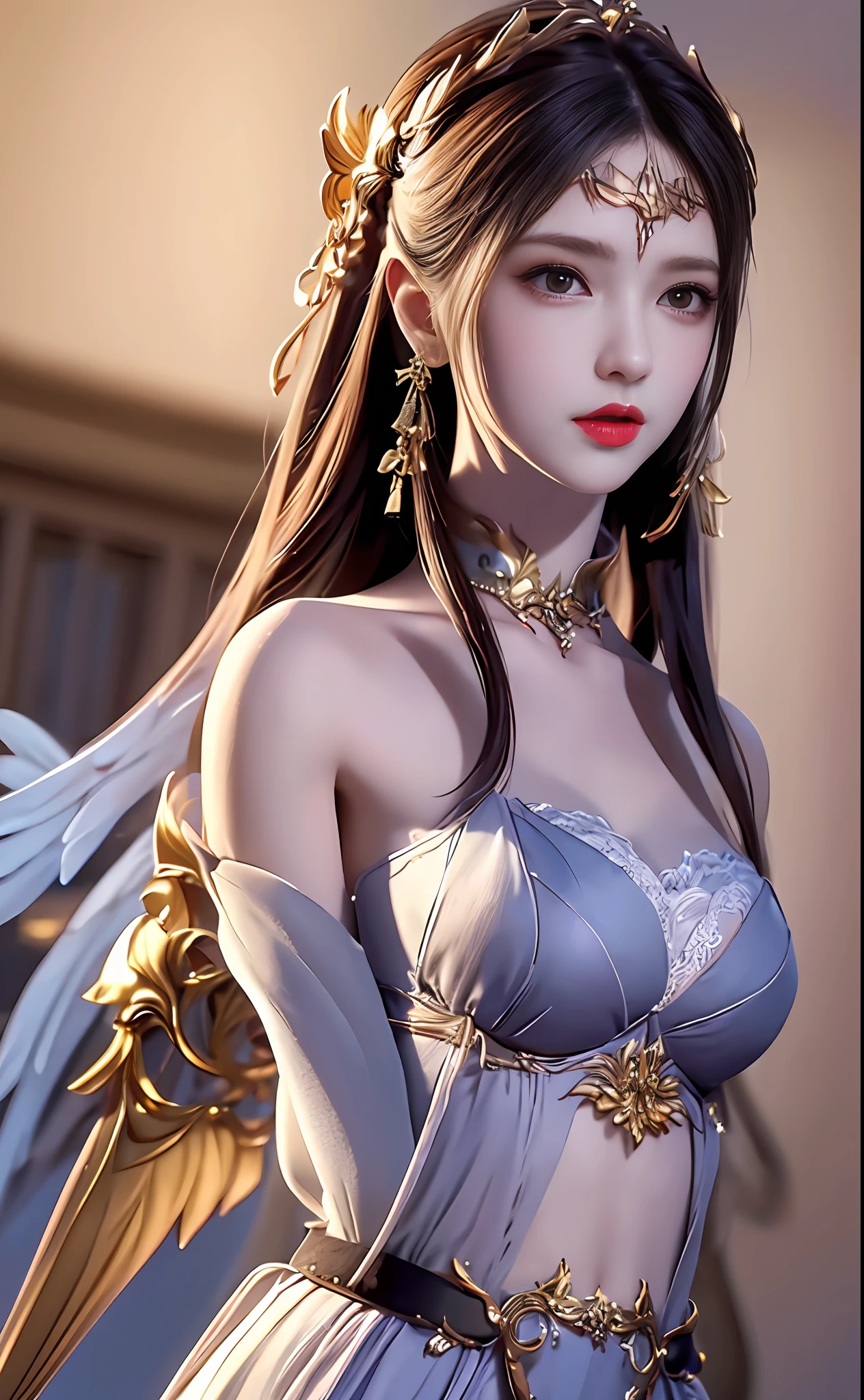 ((masterpiece, best quality;1.3)), ultra - detailed,plethora of colors,extremely detailed and beautiful background,1girl,独奏,highly detailed beautiful face,beautiful face,Angelic,Detailed angel costume in gold,Wings Angel,feater,Fantasy landscape,epic,The sword,holdingsword,undefined,Qiancheng Xue,Clear belly pocket,Erotic lingerie,with hands behind her back